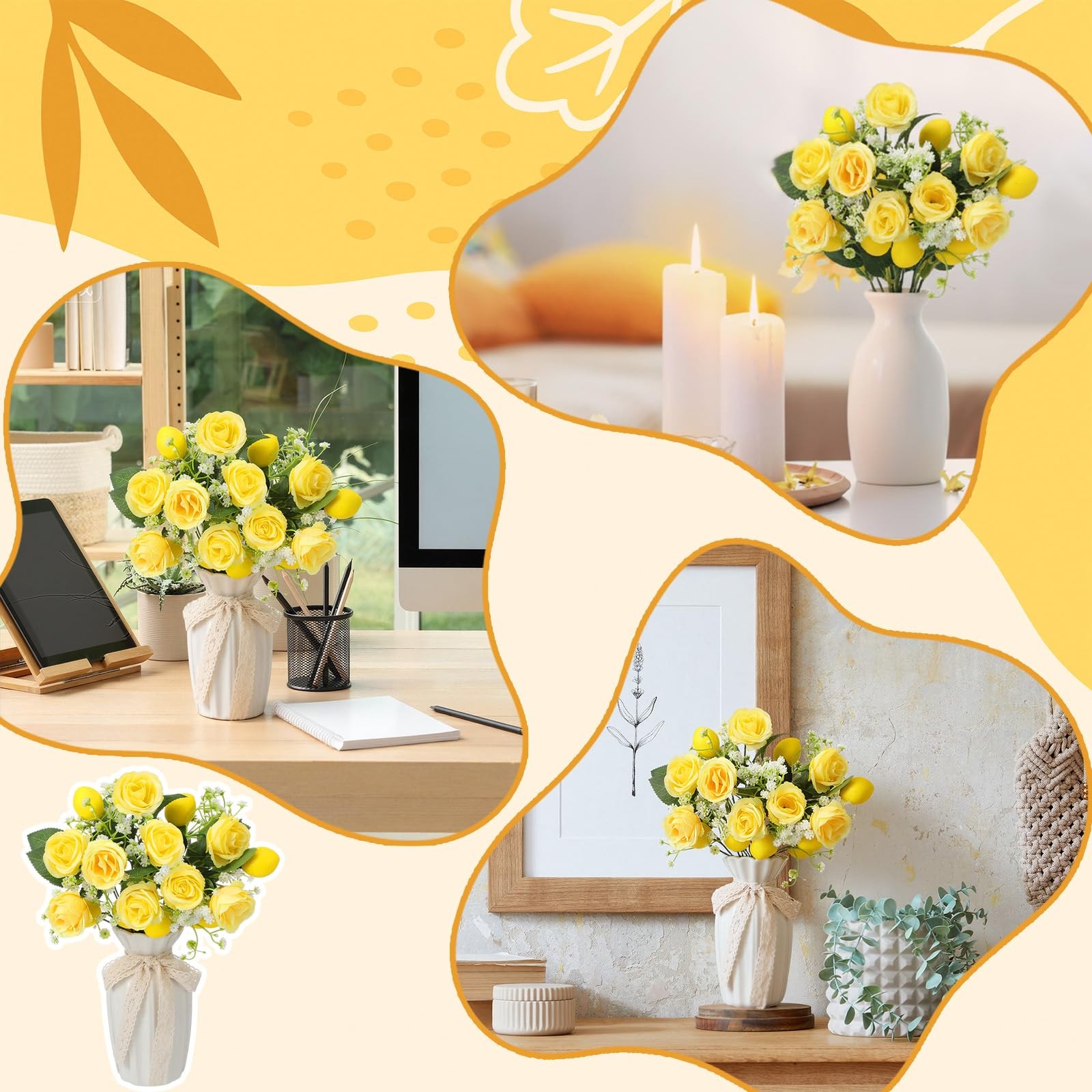 6 Pcs 12” Summer Artificial Lemon Branches Decor Fake Yellow Flower Picks Si…