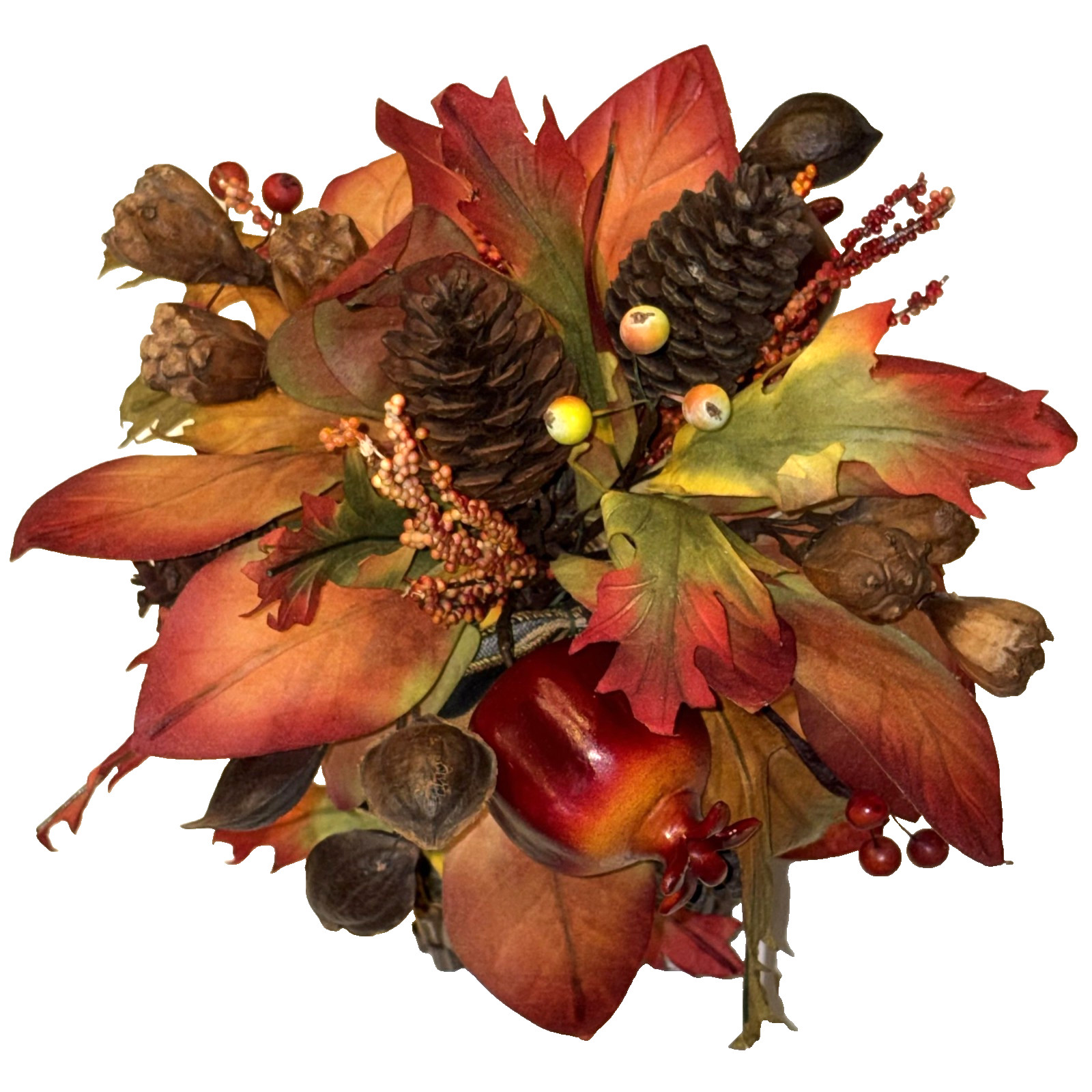 Fall Topiary Tree 20″ Orange Brown Faux Floral Decor Autumn Leaves Fruit Ribbons