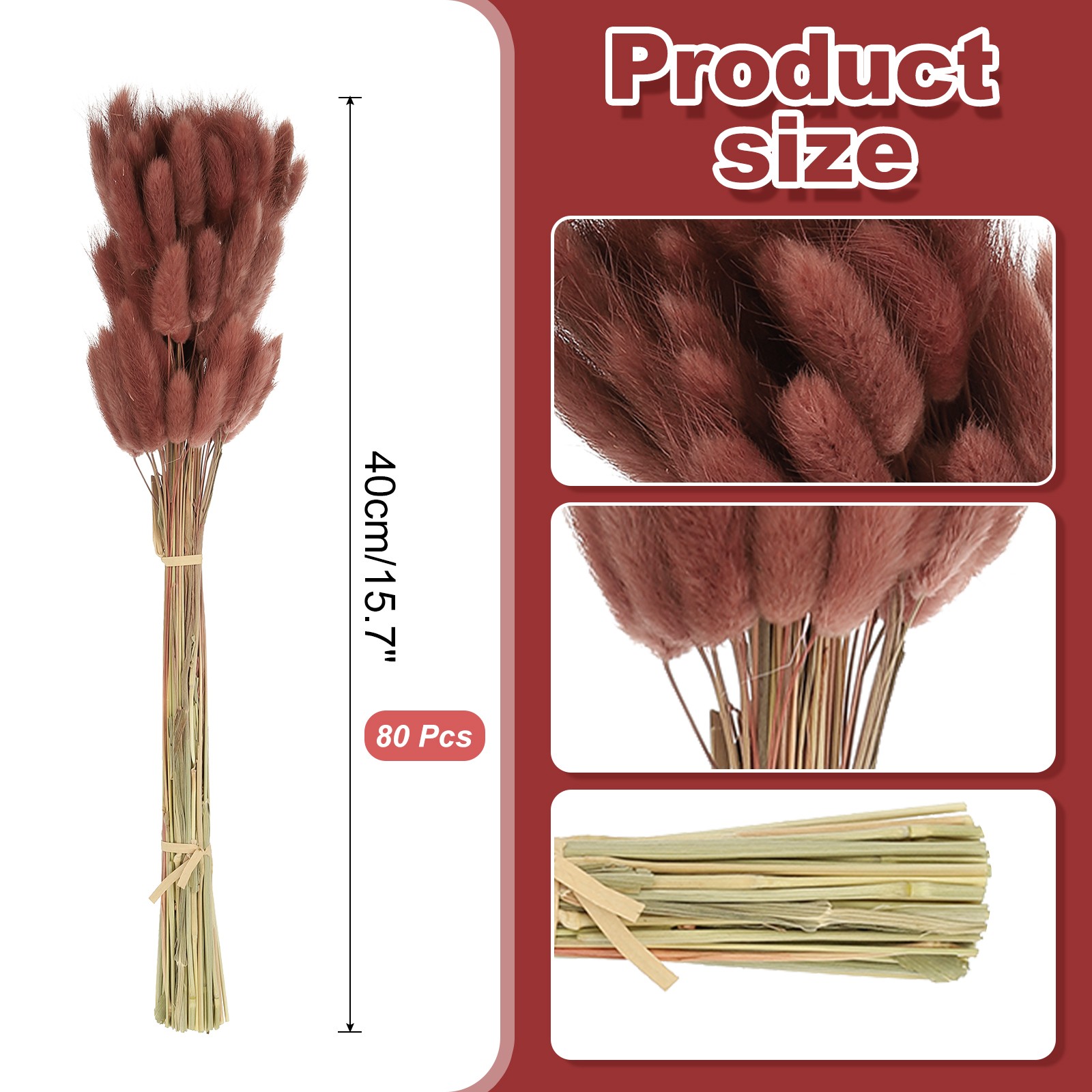 15.7in Bunny Tails Dried Flowers, 80pcs Pampas Grass Decor Rabbit Tail, Brown