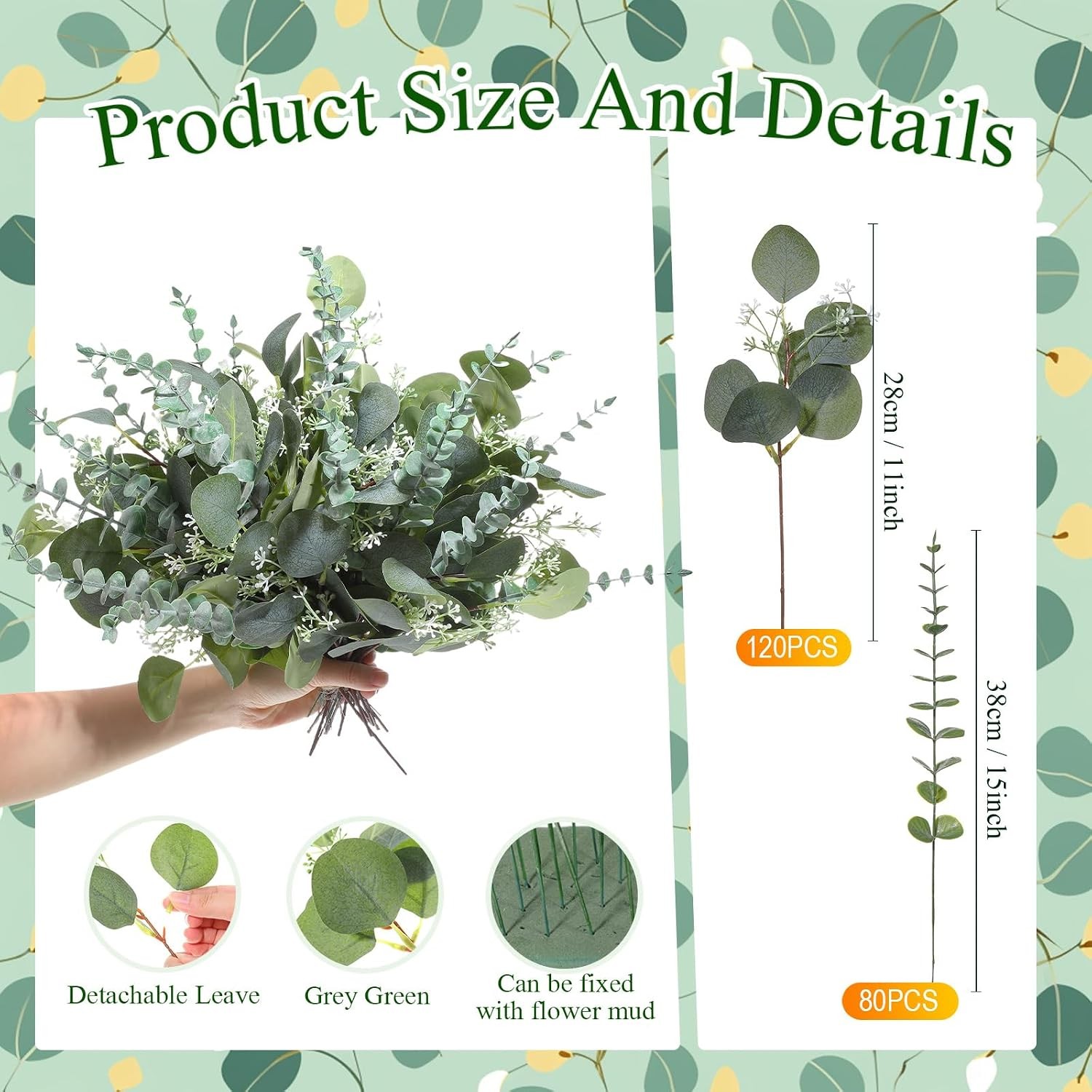 200 Pcs Artificial Eucalyptus Stems, 2 Styles Faux Greenery Leaves with Silver