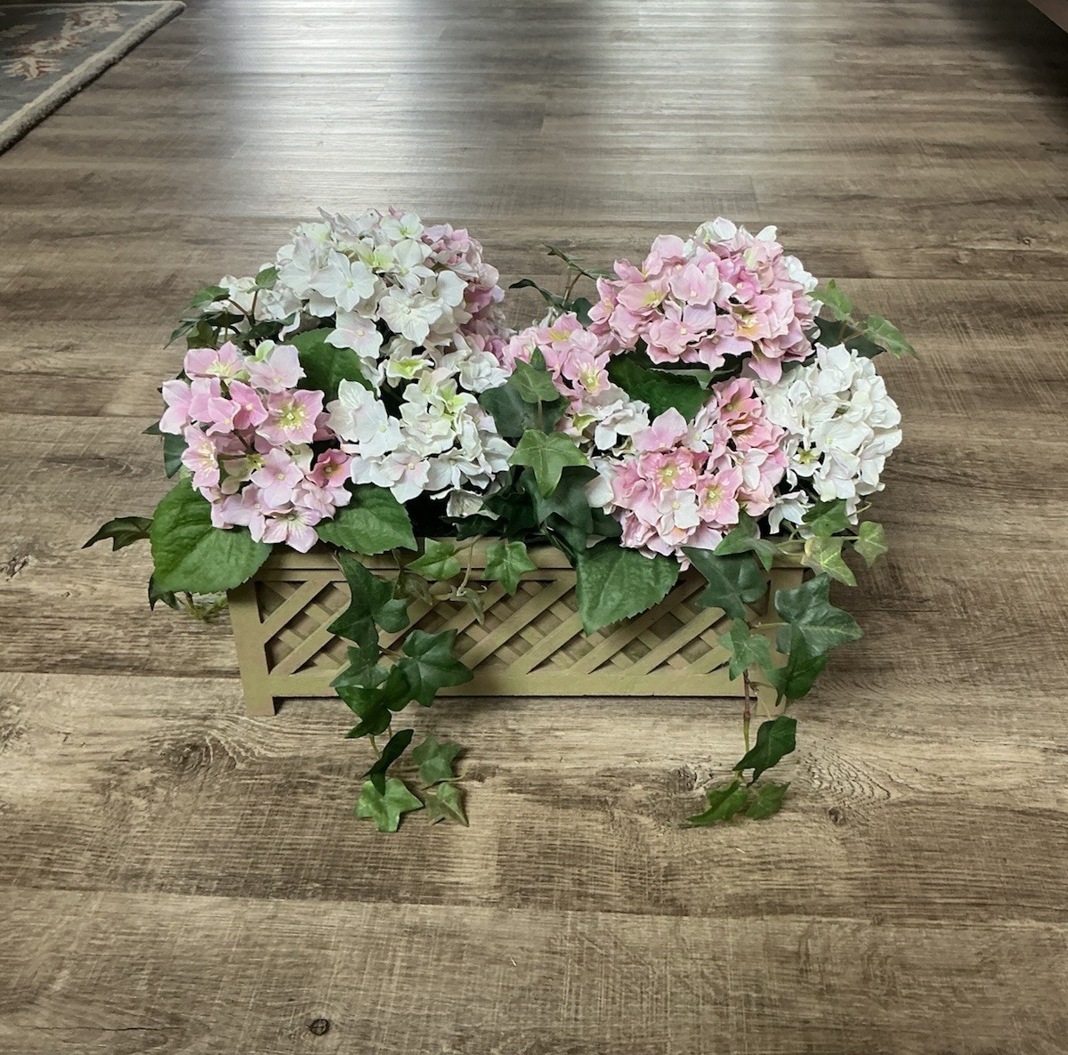 Hydrangea Faux Flower Arrangement Pink White In Planter Box 14x5x6