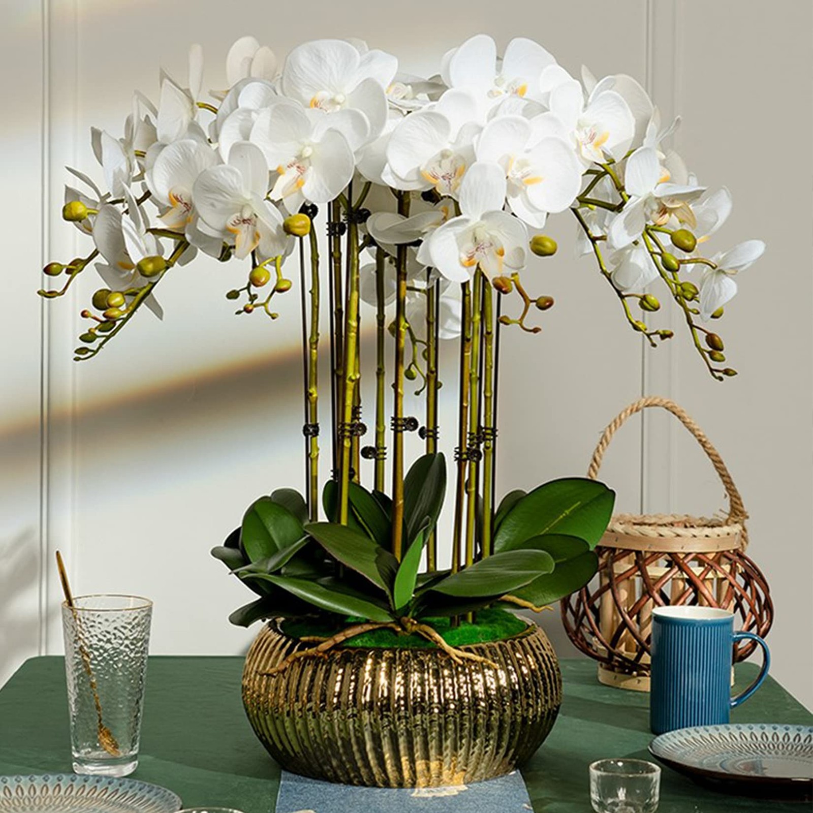 2 Pcs 9 Head Artificial Phalaenopsis Flowers and 2 Bundles Leaves,42″ Big Blo…
