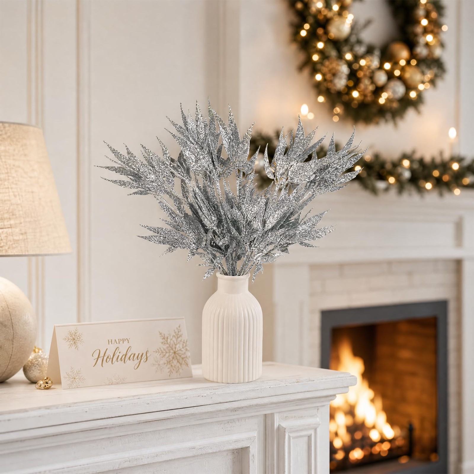 Artificial Silver Glitter Leaf Stems, Indoor Home Decor, Plastic, 13 Inches, …