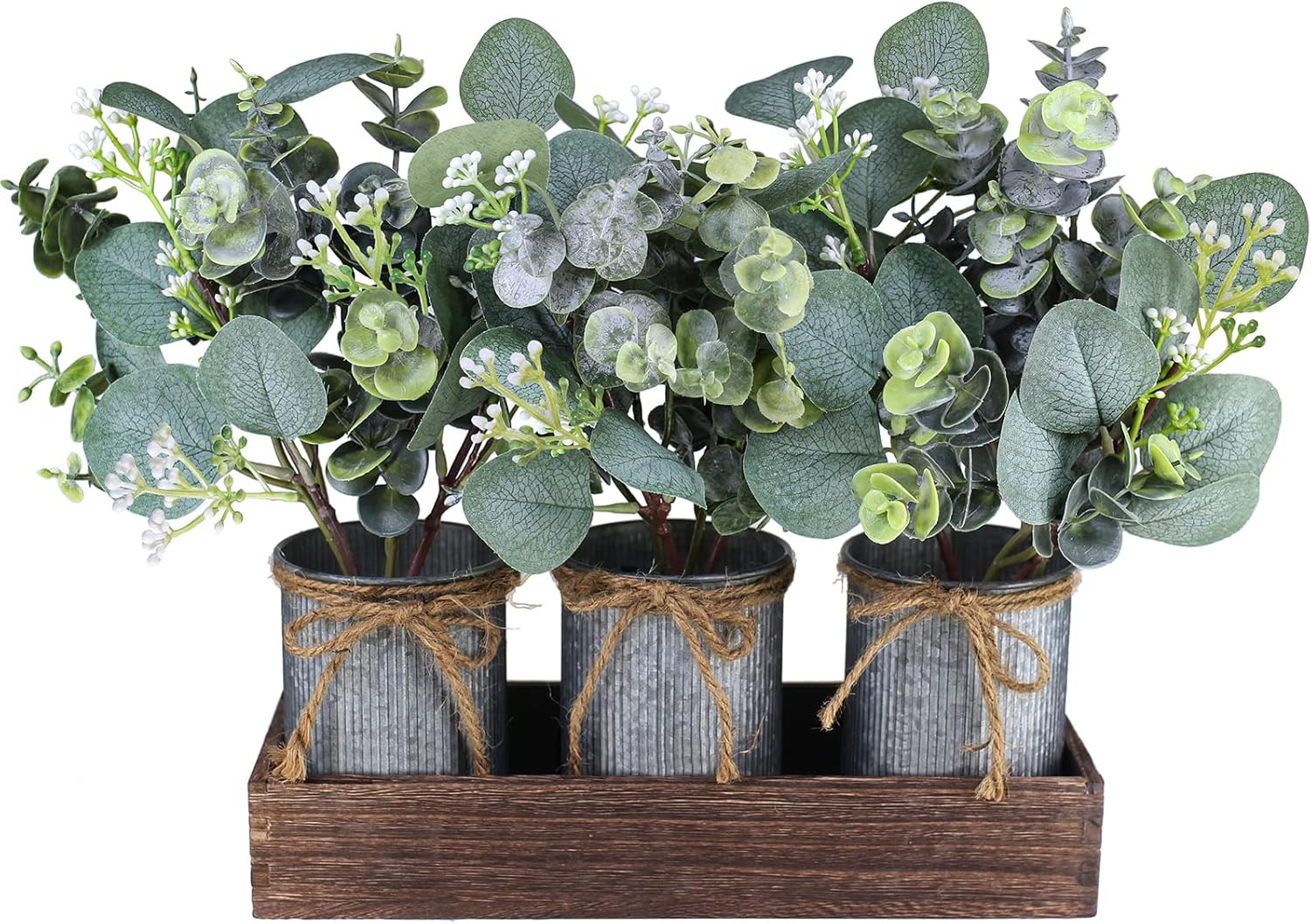 Set of 3 Farmhouse Galvanized Metal Pots Centerpiece Artificial Silver Dollar Eu