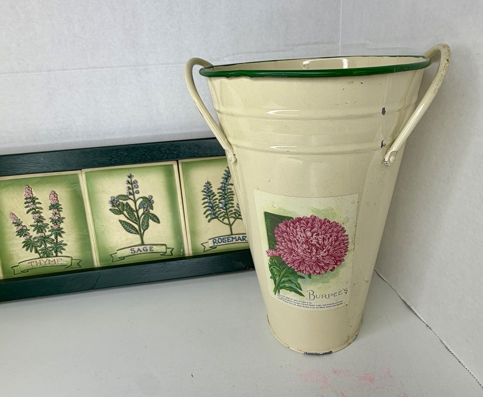 Set of Garden Wood Plaque w/ Herb Tiles Metal Vase Trash Can & Herb Crock