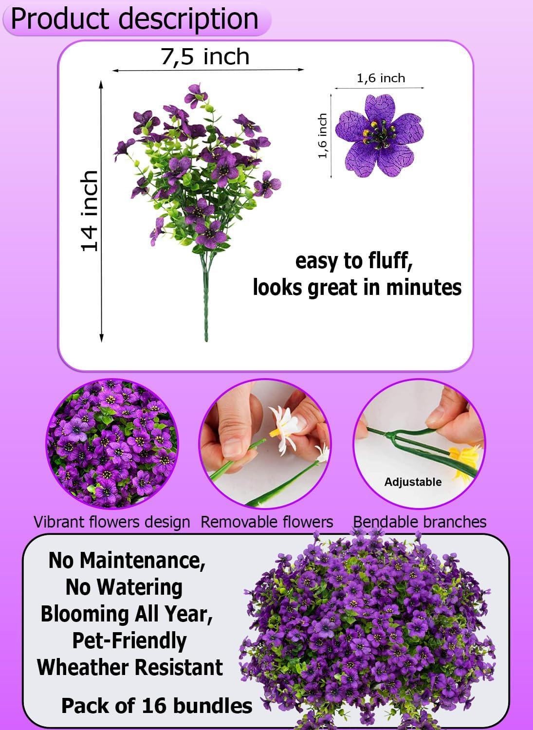 AXYLEX Artificial Flowers for Outdoors, 16 Bundles Fake Plants (Purple) | UV res