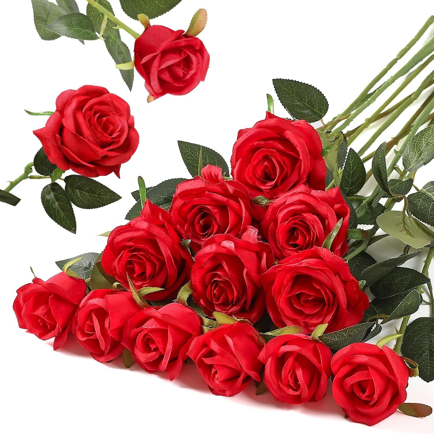 Realistic Red Roses 12PCS Silk Flowers with Bendable Stems for Home Decoration