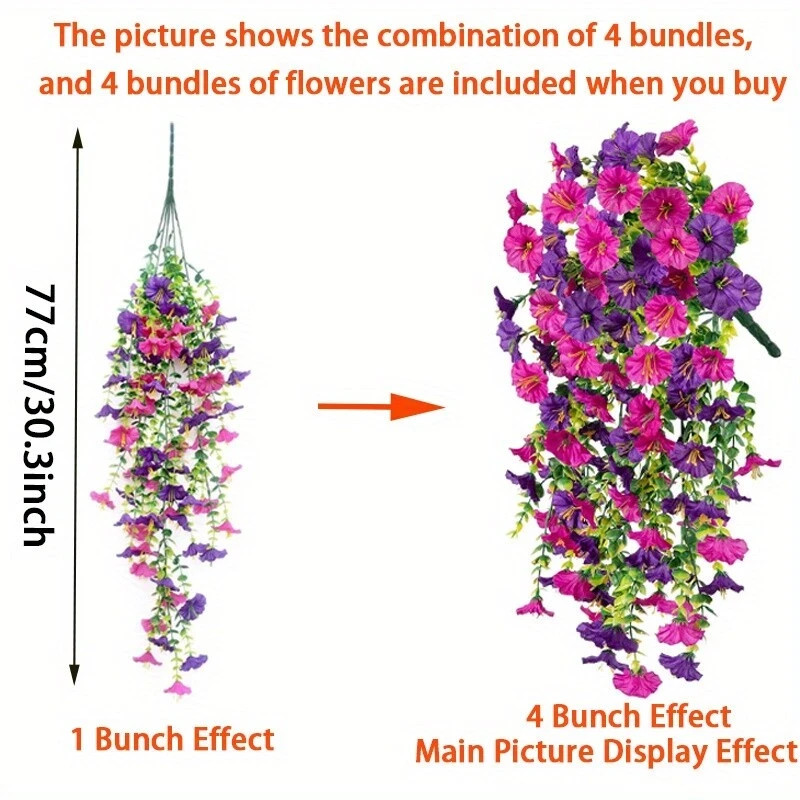 4PCS Artificial Morning Glory Vines UV Resistant Hanging Flowers Outdoor Decor
