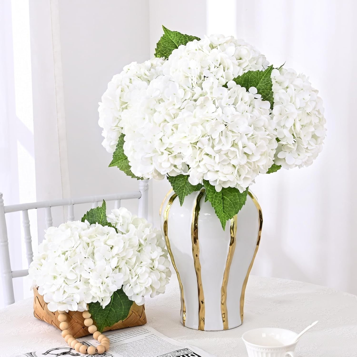 Real Touch Hydrangea Artificial Flowers, White, 6 Pcs