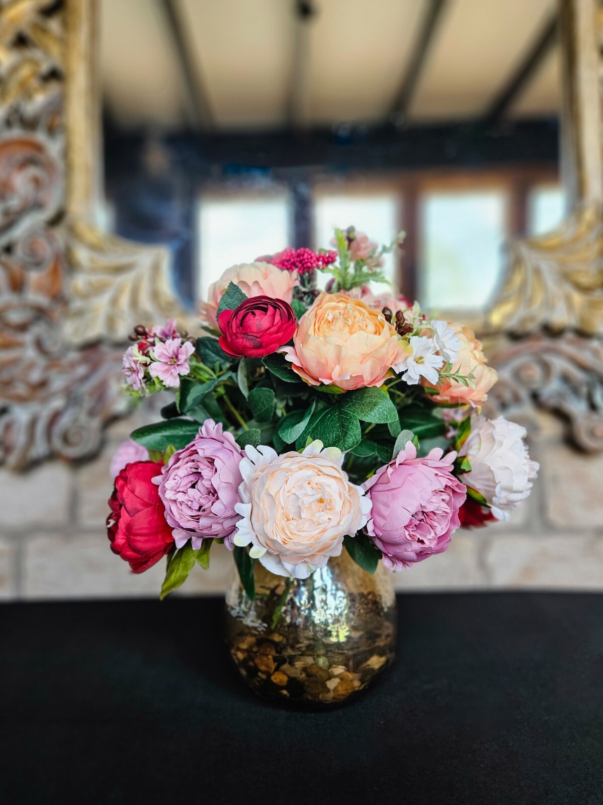 Faux Peony Flower Arrangement in Glass Vase with Faux Water Spring Decor