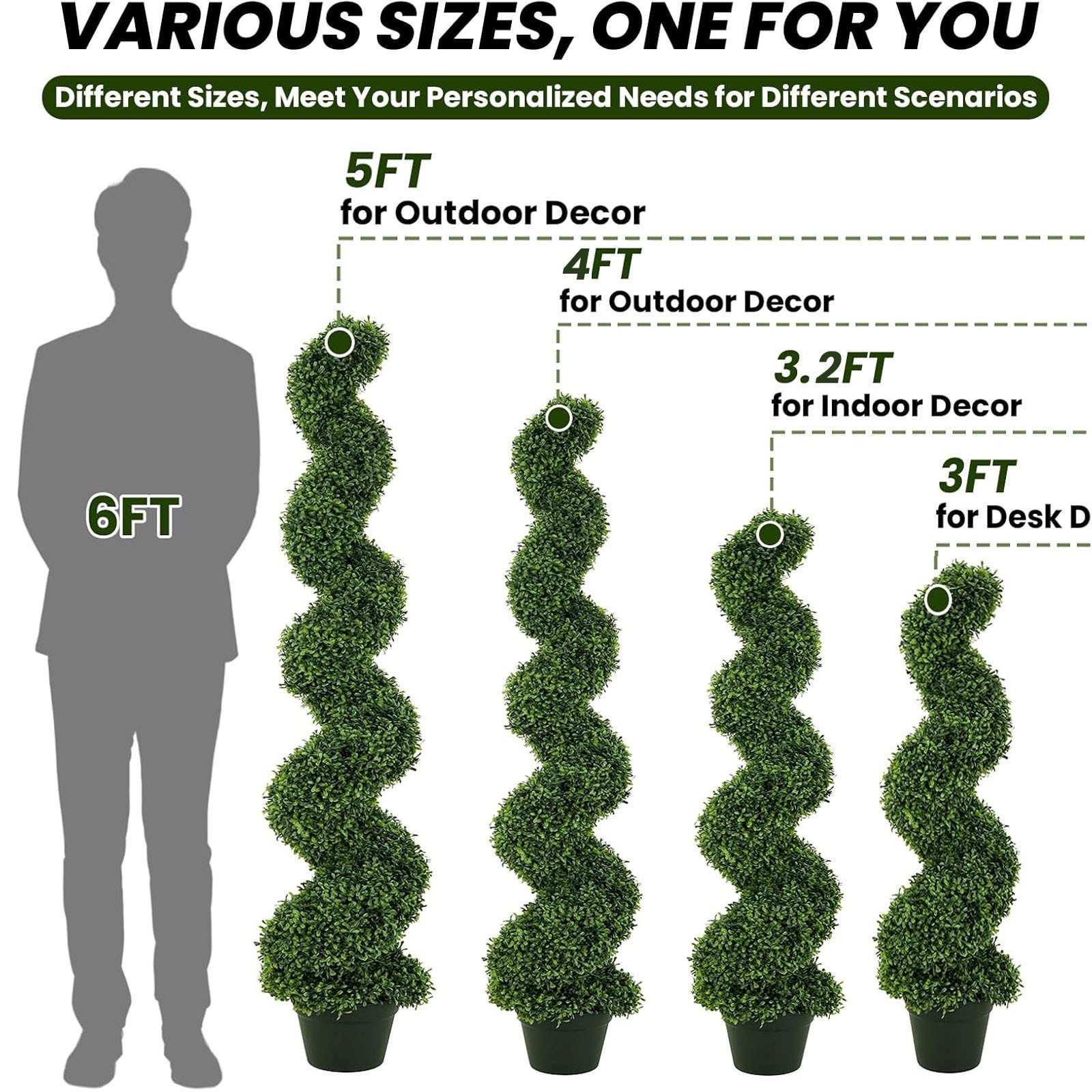 3’/3.5’/5′ Topiary Boxwood Triple Spiral Artificial Tree UV Home Decor Set of 2
