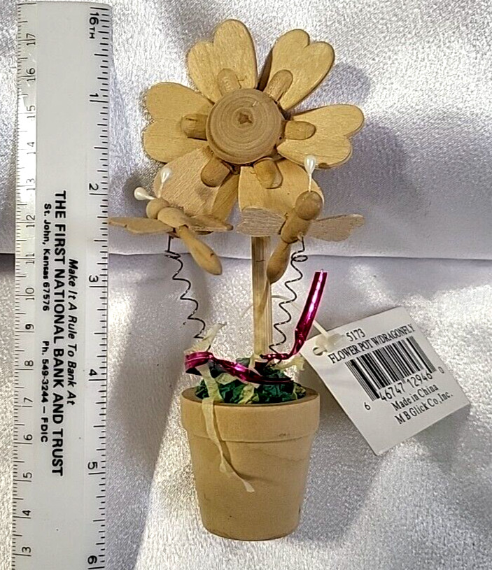Small Wooden Flower In Pot With Two Dragonflies Paint Decor Craft DIY