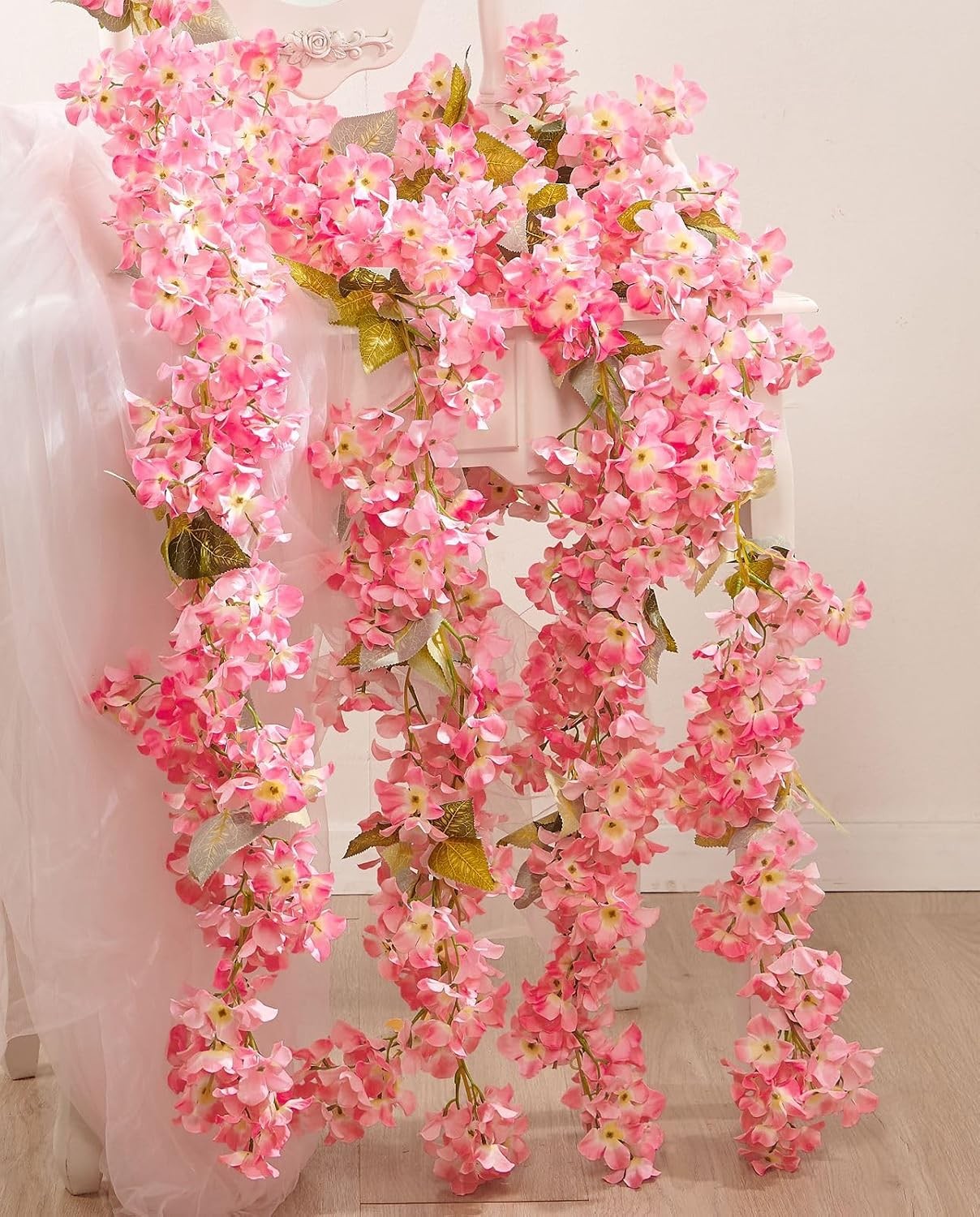 8 Pcs 8.2′ Artificial Rose Garland, Pink Flower Vine Faux Hanging Decor