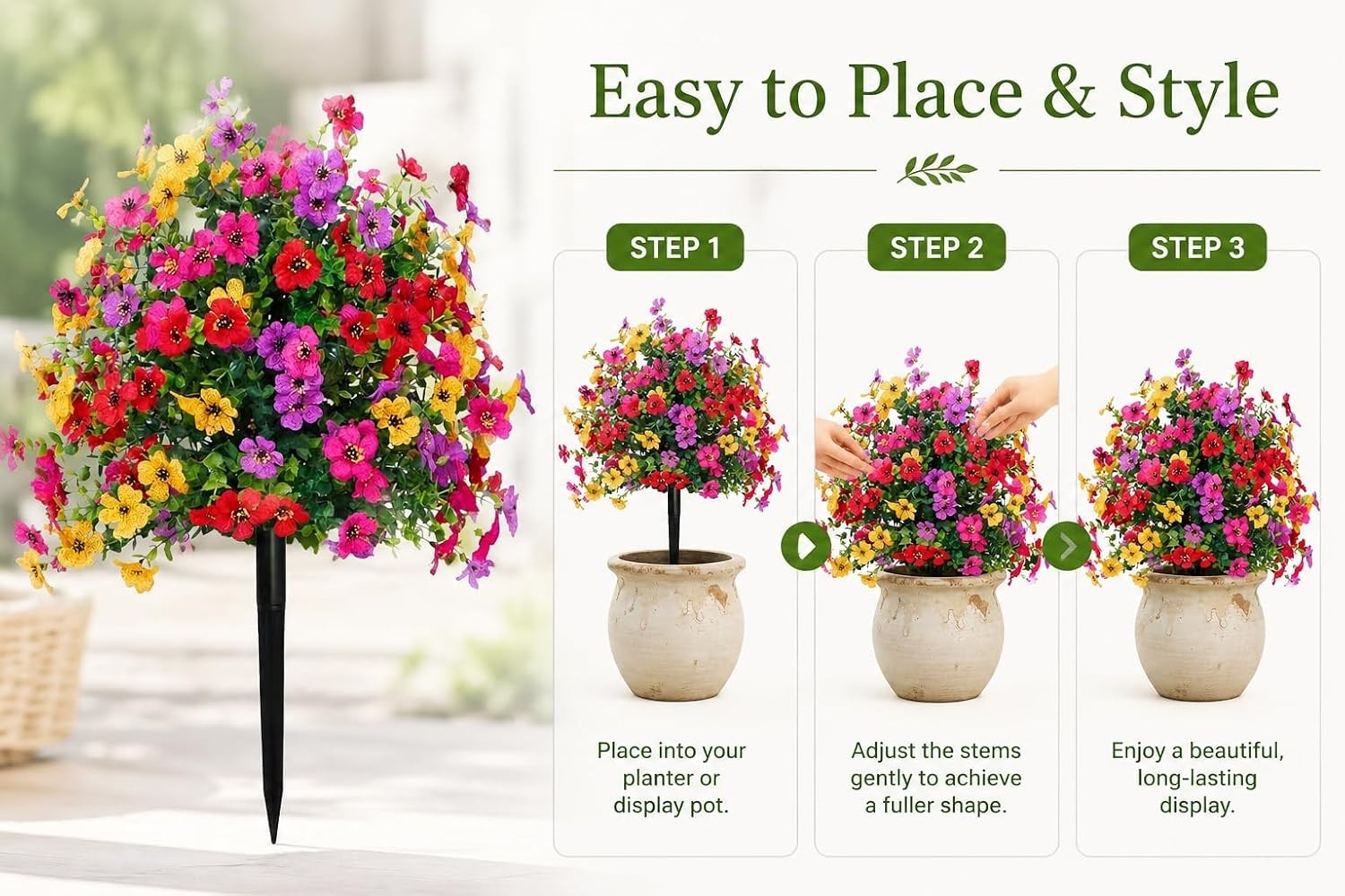 UV Resistant Artificial Flowers: 16″ Waterproof Outdoor Faux Plants for Garden