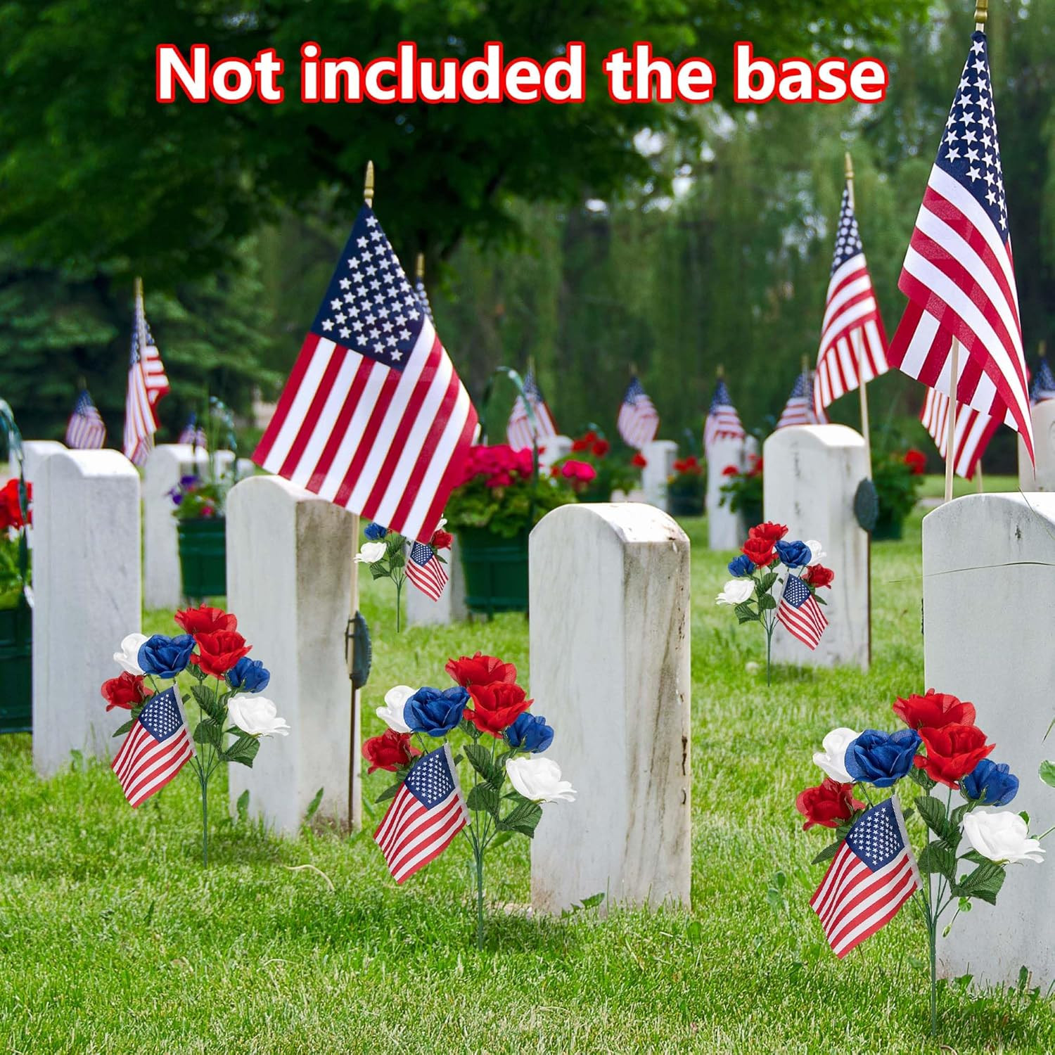4 Bunches Memorial Day Artificial Flowers, Red Blue White Cemetery Flower with F