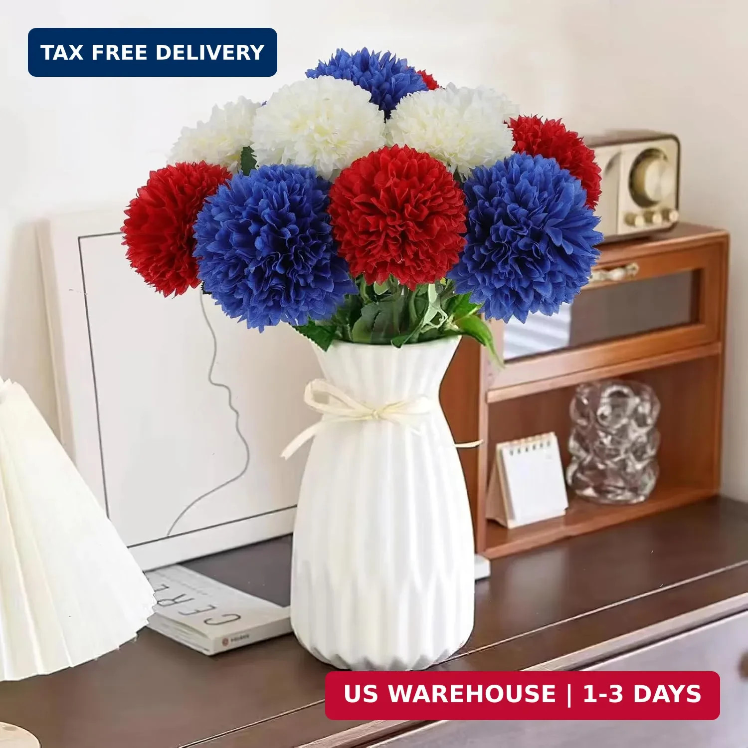 Hananona 12 Pcs Artificial Chrysanthemums Flowers Patriotic Flower, 4th of July