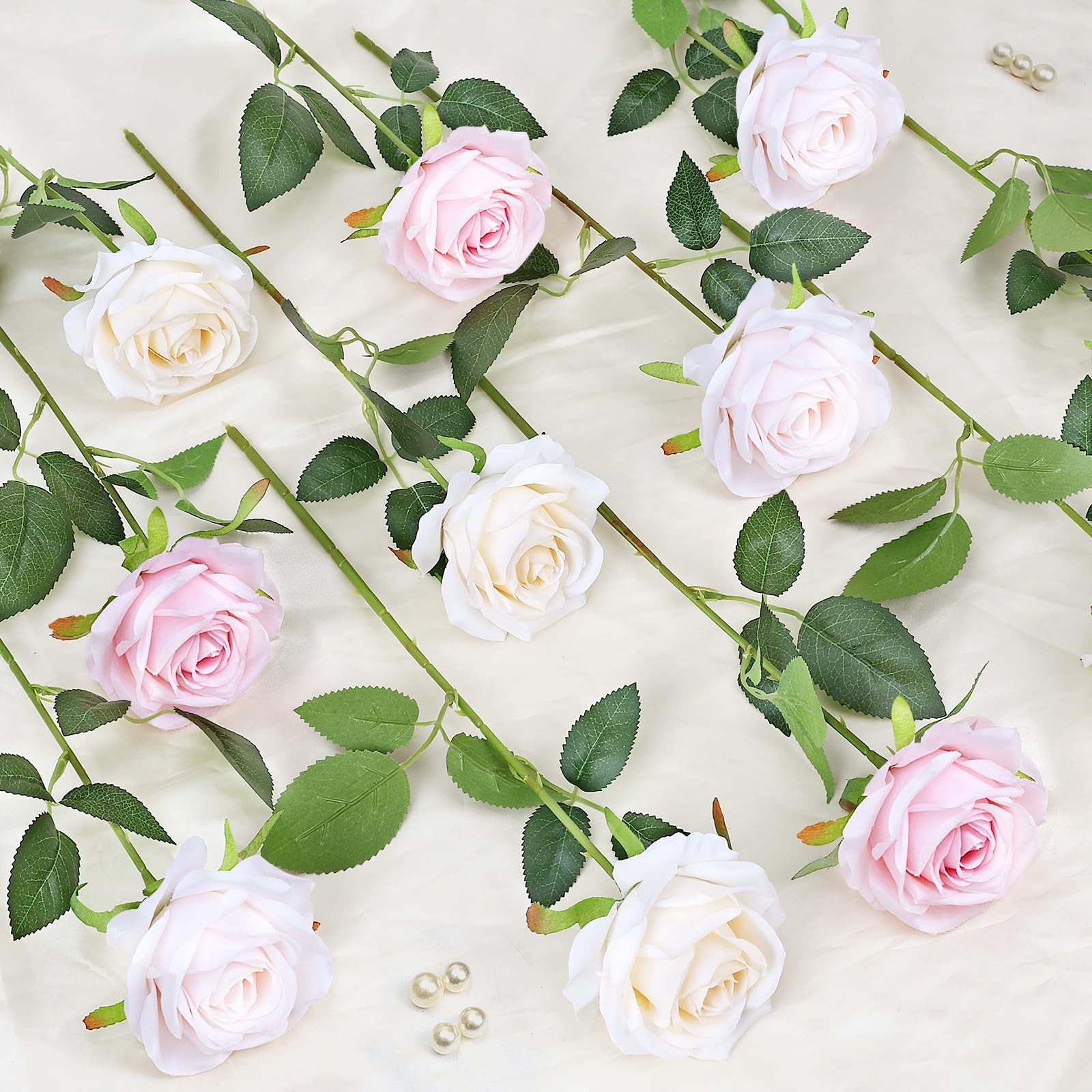 48 PCS Champagne & Pale & Light Pink Roses Artificial Flowers