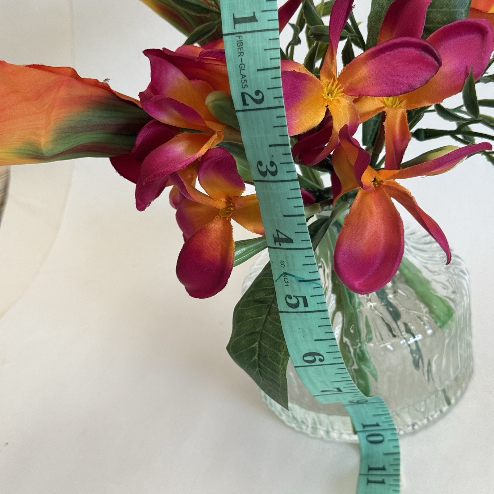 Artificial Tropical Flower Arrangement in Textured Glass Vase Pink Orange 10”