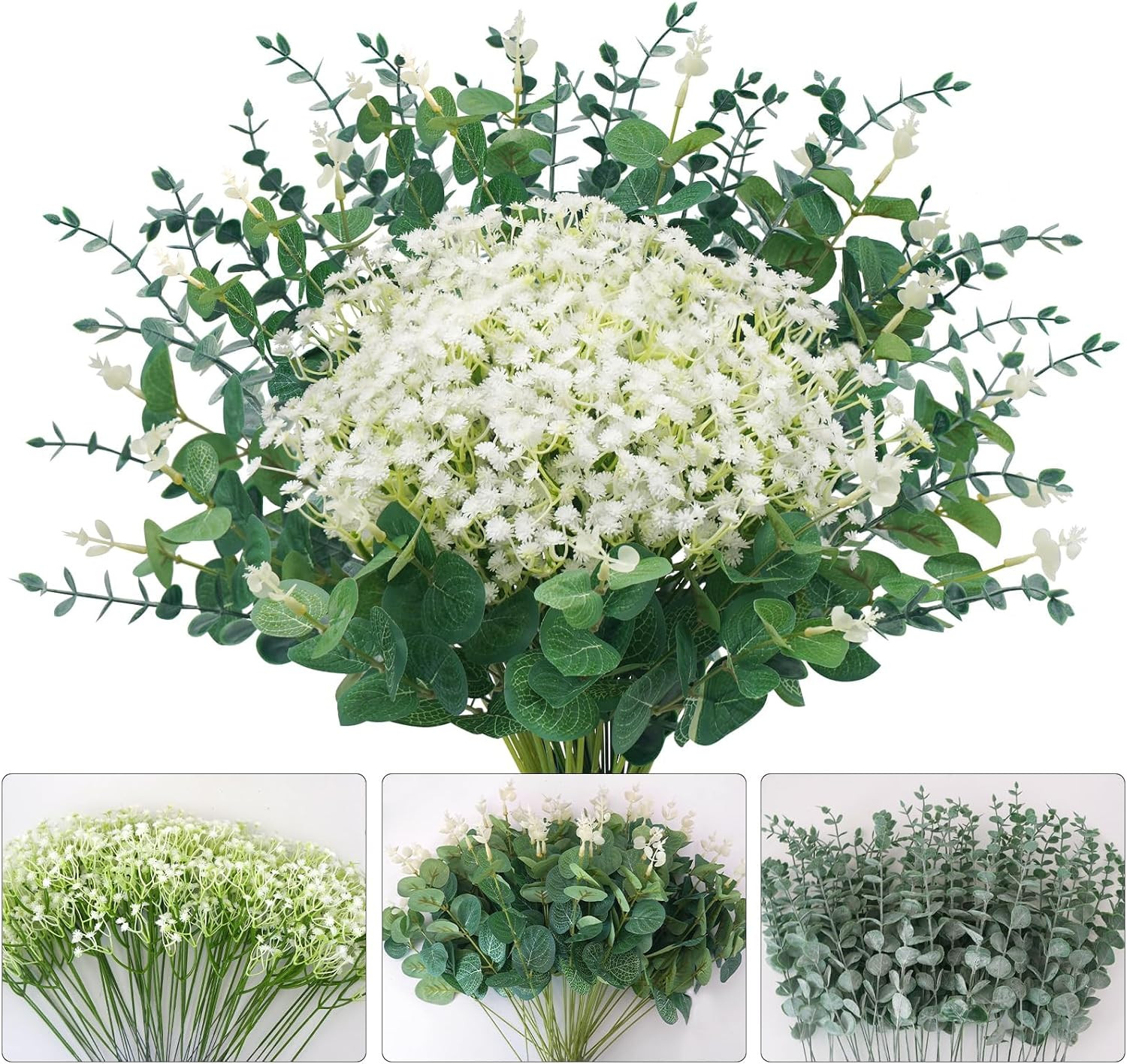 200Pcs Eucalyptus & Babys Breath Artificial Flowers for Weddings & Parties
