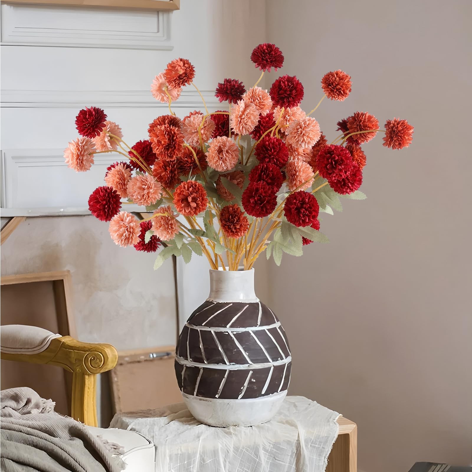 12 Pcs Artificial Chrysanthemum Flowers, Orange Kiku Pom Pom Mums Flower Faux…
