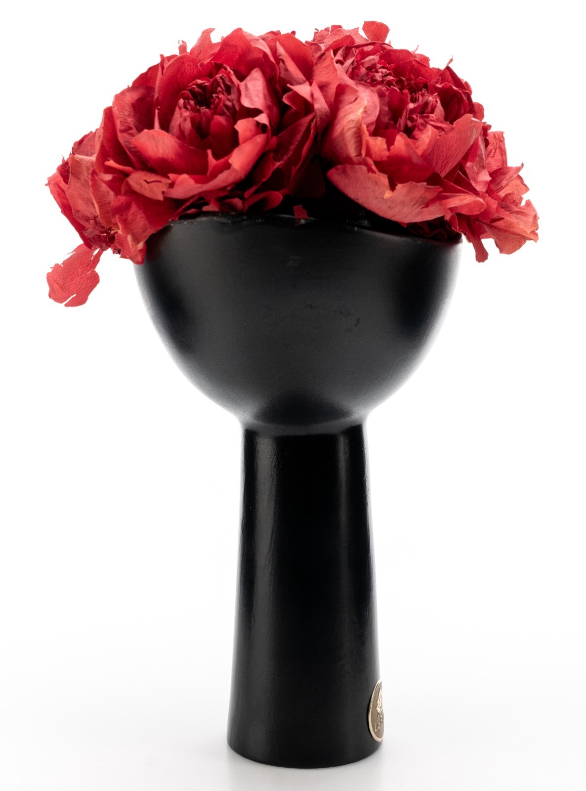 La Fleur Bouquets Red Peonies In 9″ Black Ceramic Vase Los Angeles 11.5″ USED