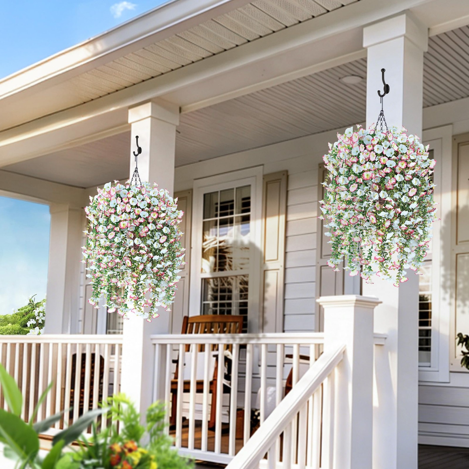 Artificial Hanging Flowers with Basket, 480 Blooms UV Resistant Faux Morning …
