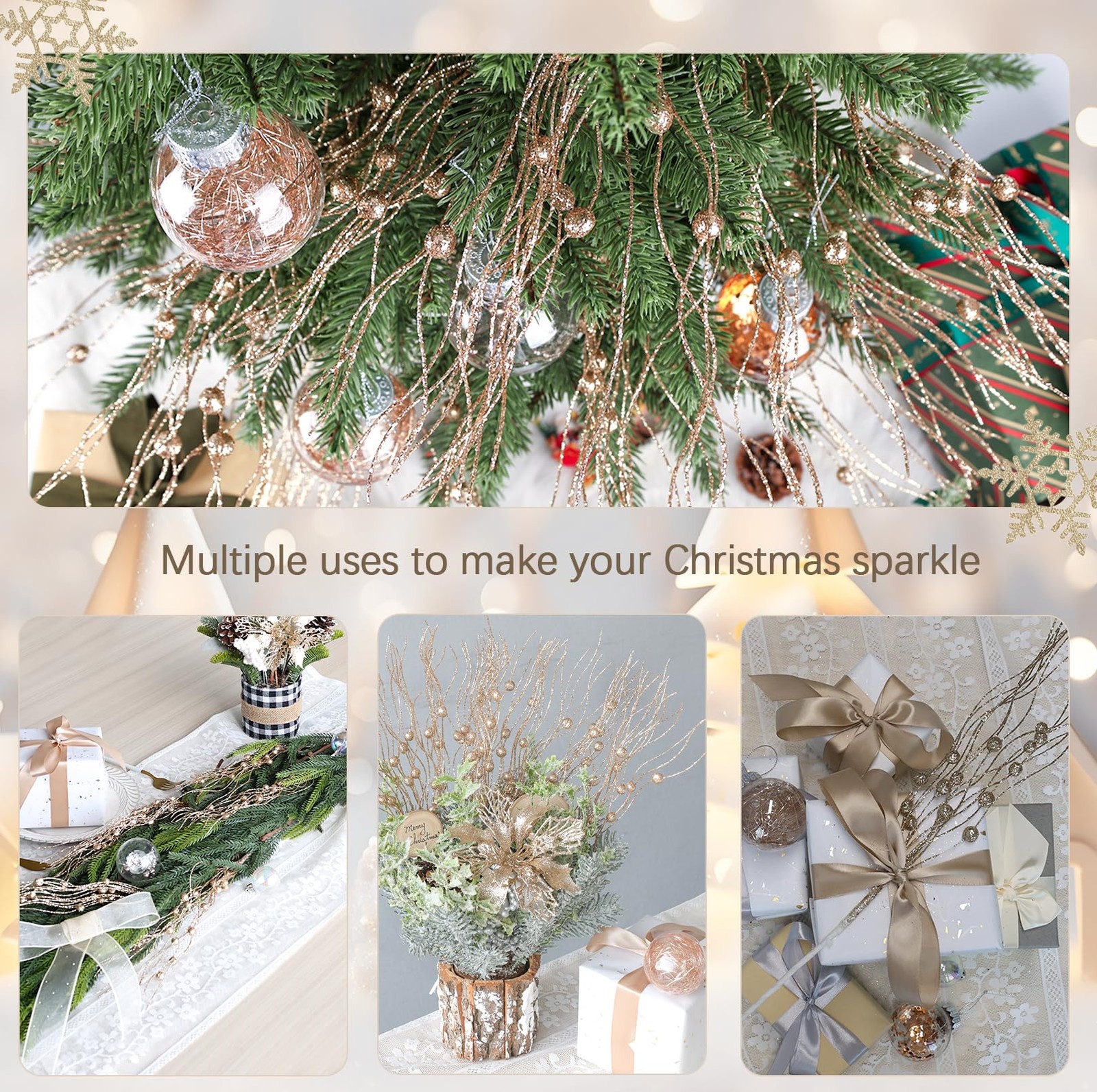 Artificial Glitter Berry Stem Ornaments, 10 Pack Decorative Bead Sticks, Chri…