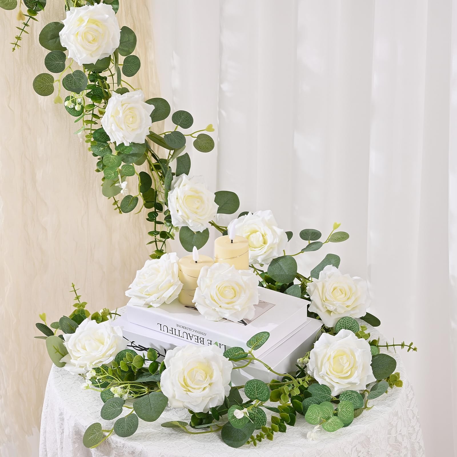2Pcs 13 FT Artificial Flower Garlands Real Touch Fake Floral Silk White Rose …