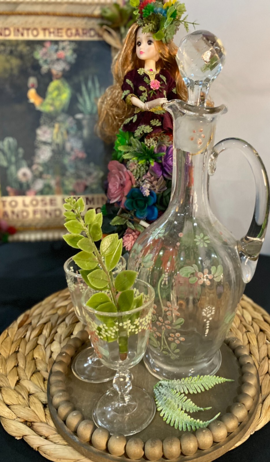 Succulent Home Decor grouping gardening Vintage Barware Carafe wine glasses 8pc