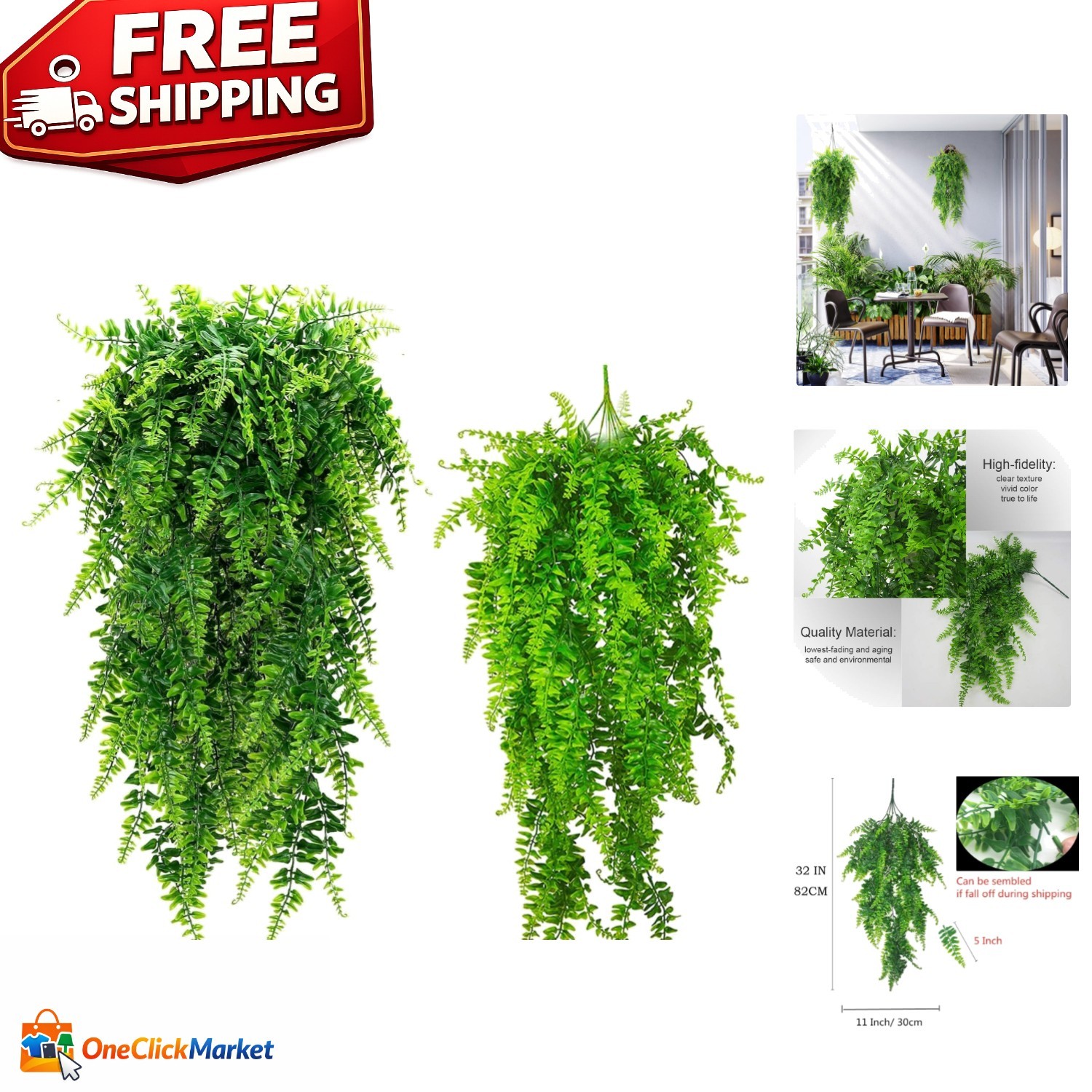 Versatile 2-Pc Faux Fern Set – Waterproof Hanging Plants for All Occasions