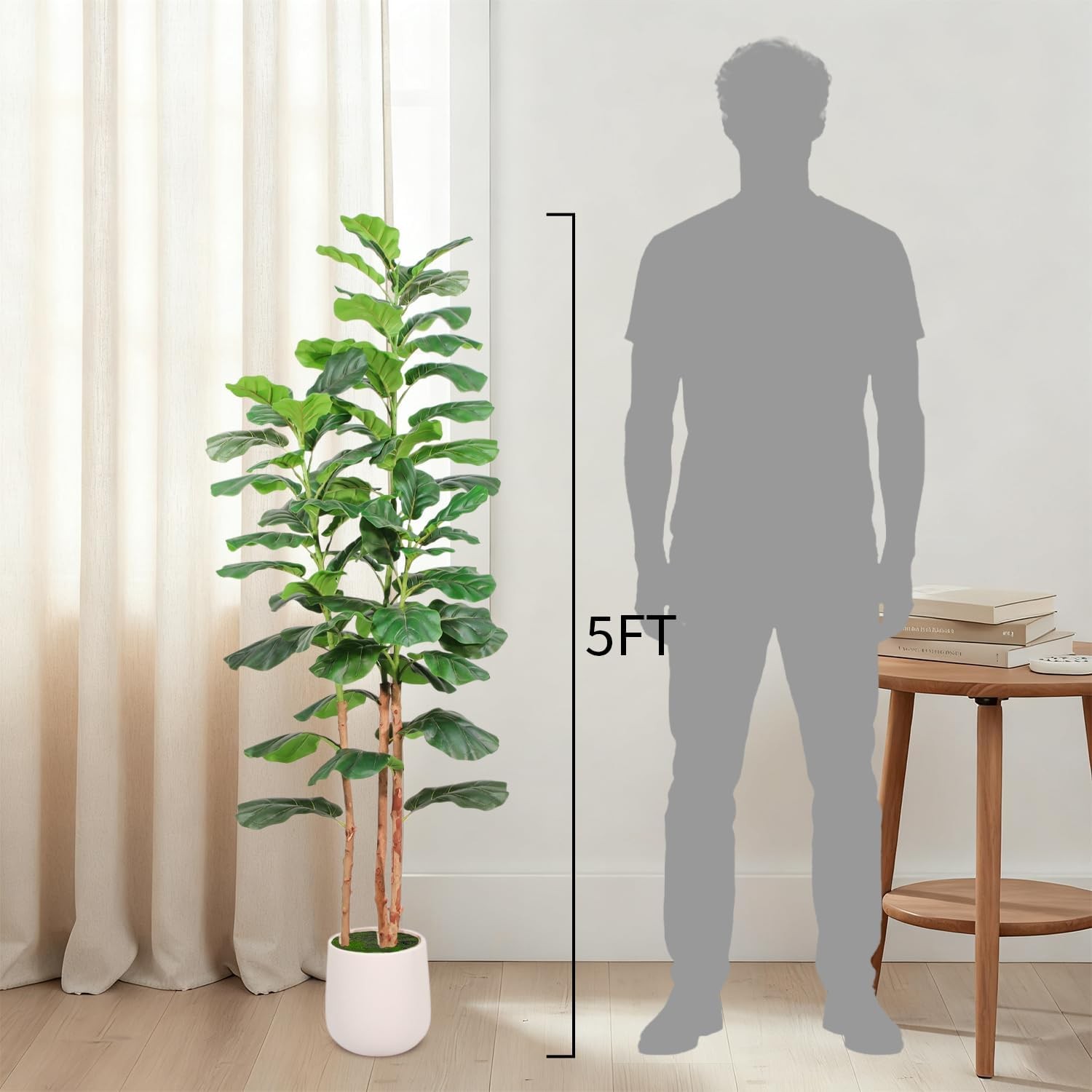 Artificial Fiddle Leaf Fig Tree with White Planter, 5ft Tall Faux Ficus Tree