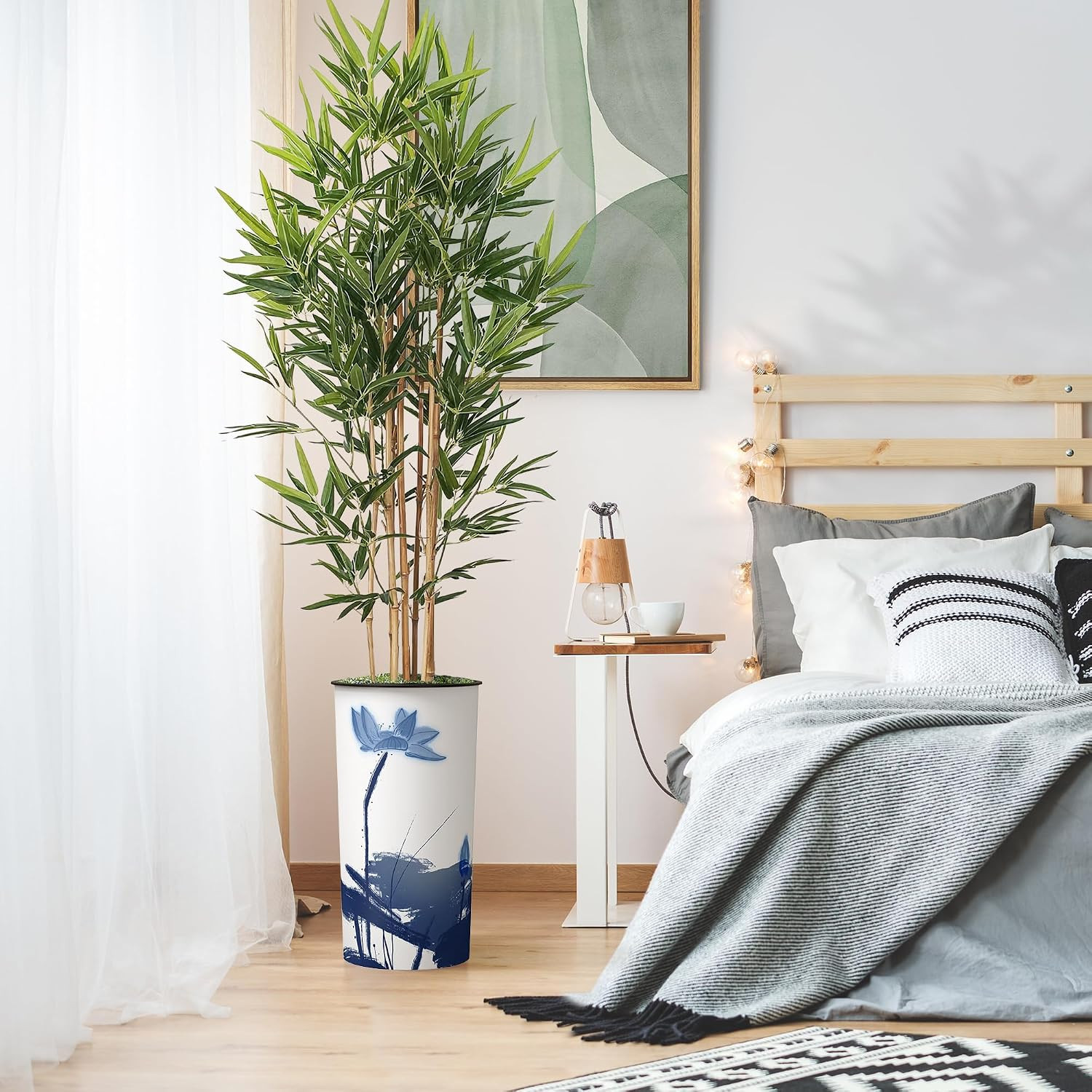 Artificial Tree in Blue Flower and Paint Texture Planter, Fake Bamboo Silk Tree