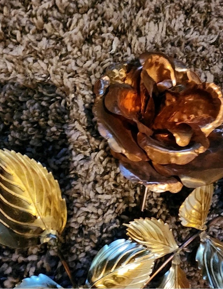Vintage 3 Piece Set Of Brass Leaf And Copper Rose Long Stem 14″ Floral Wall Art