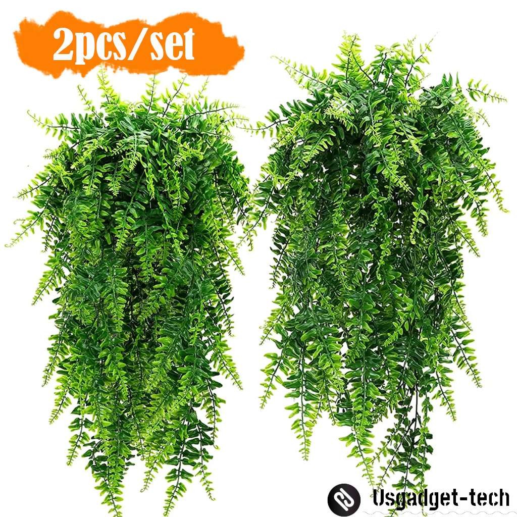 2pc Ferns Artificial Rattan Plastic Fake Hanging Plant Vine Outdoor UV Resistant
