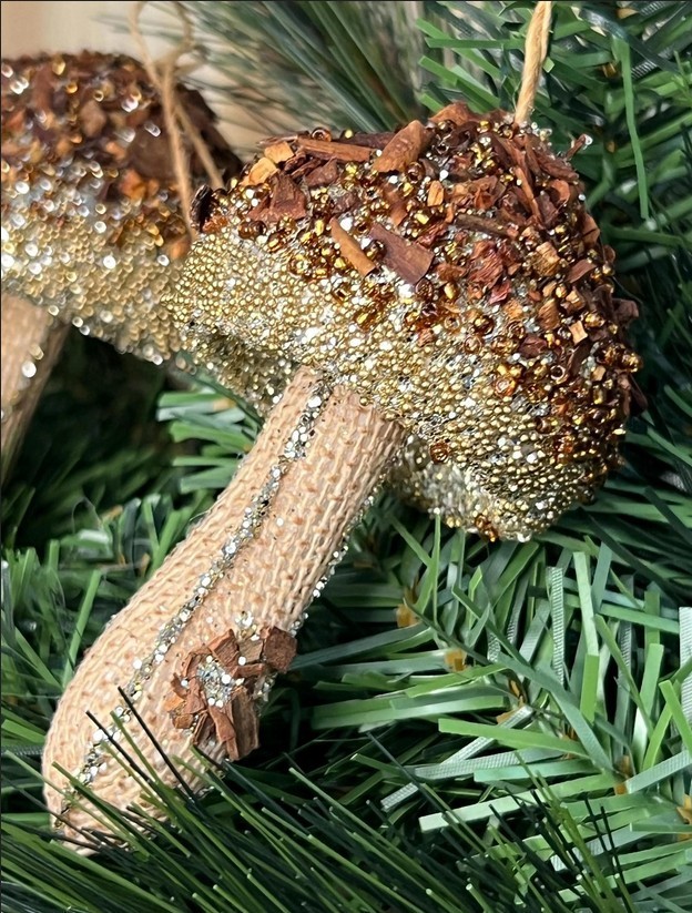 Glitter Mushroom Christmas Ornaments Set of 3 Rustic Woodland Gold Bead Tree Dec