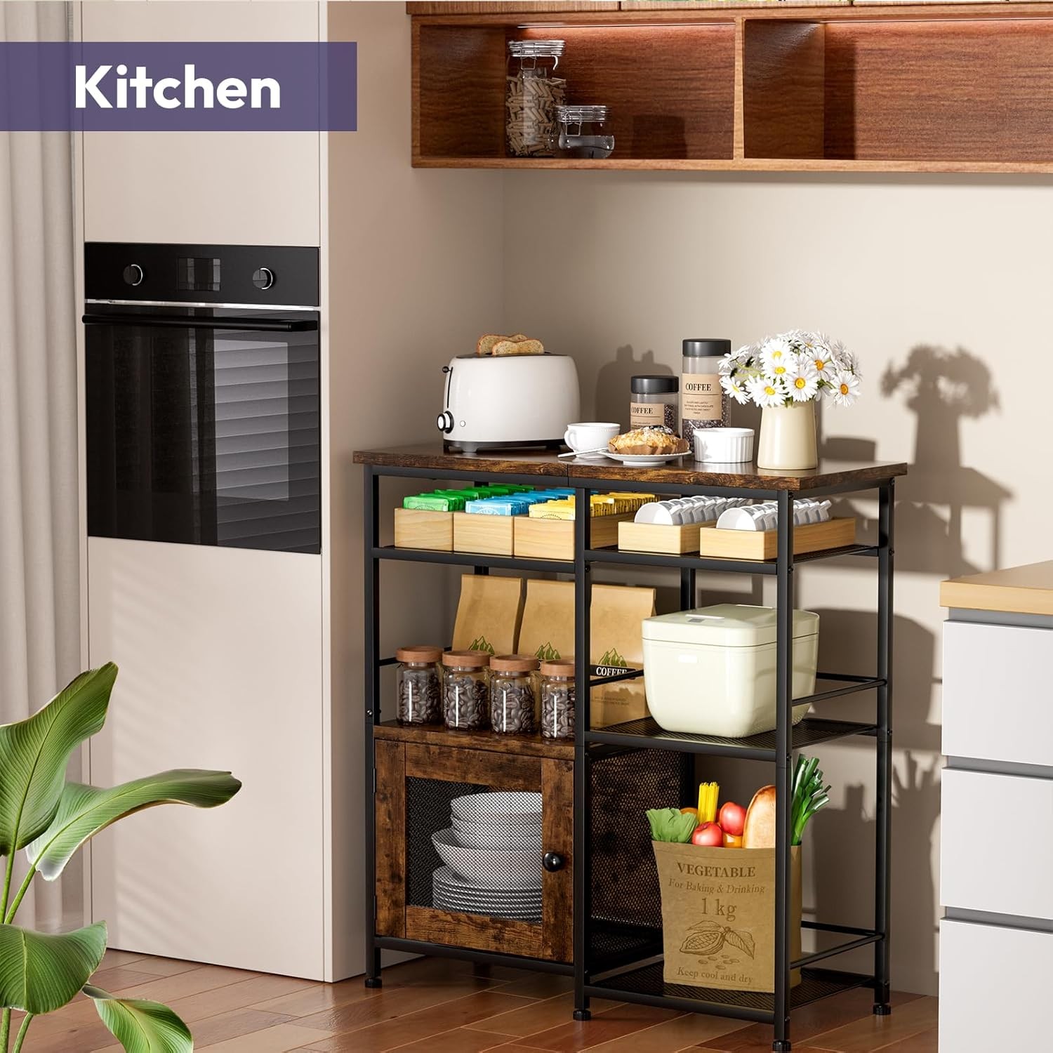 Coffee Bar Cabinet Station with Doors Rustic Kitchen Storage
