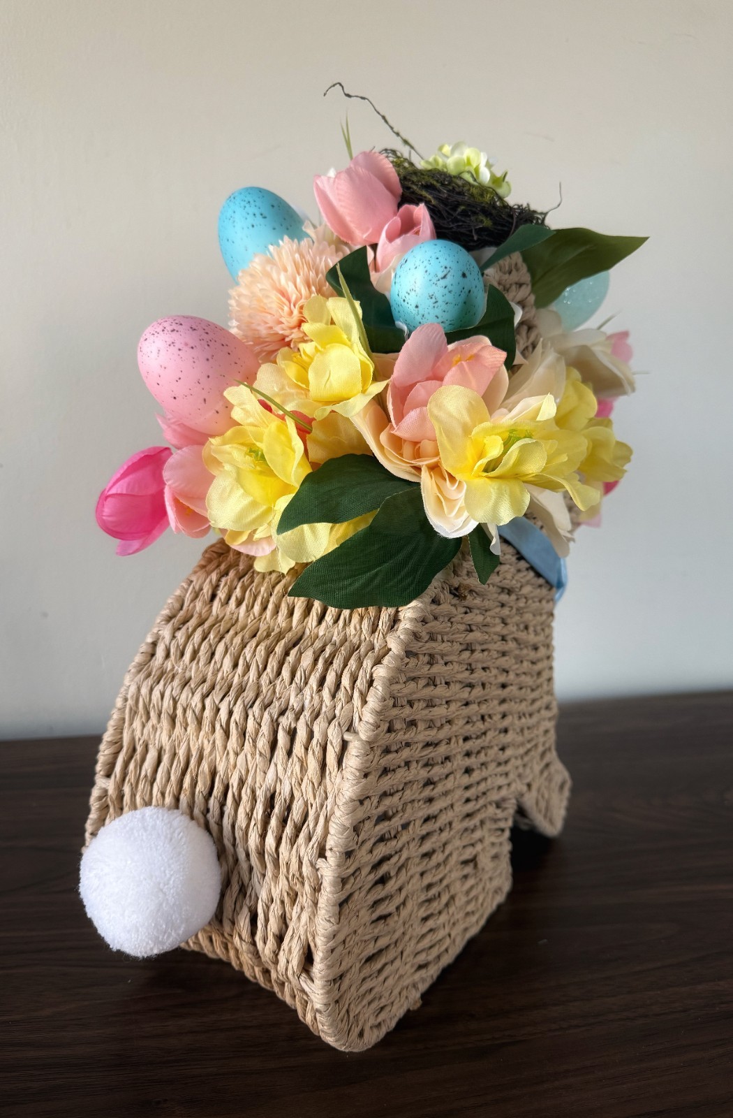 Rabbit Shaped Container With Yellow, Pink, & White Flowers Centerpiece