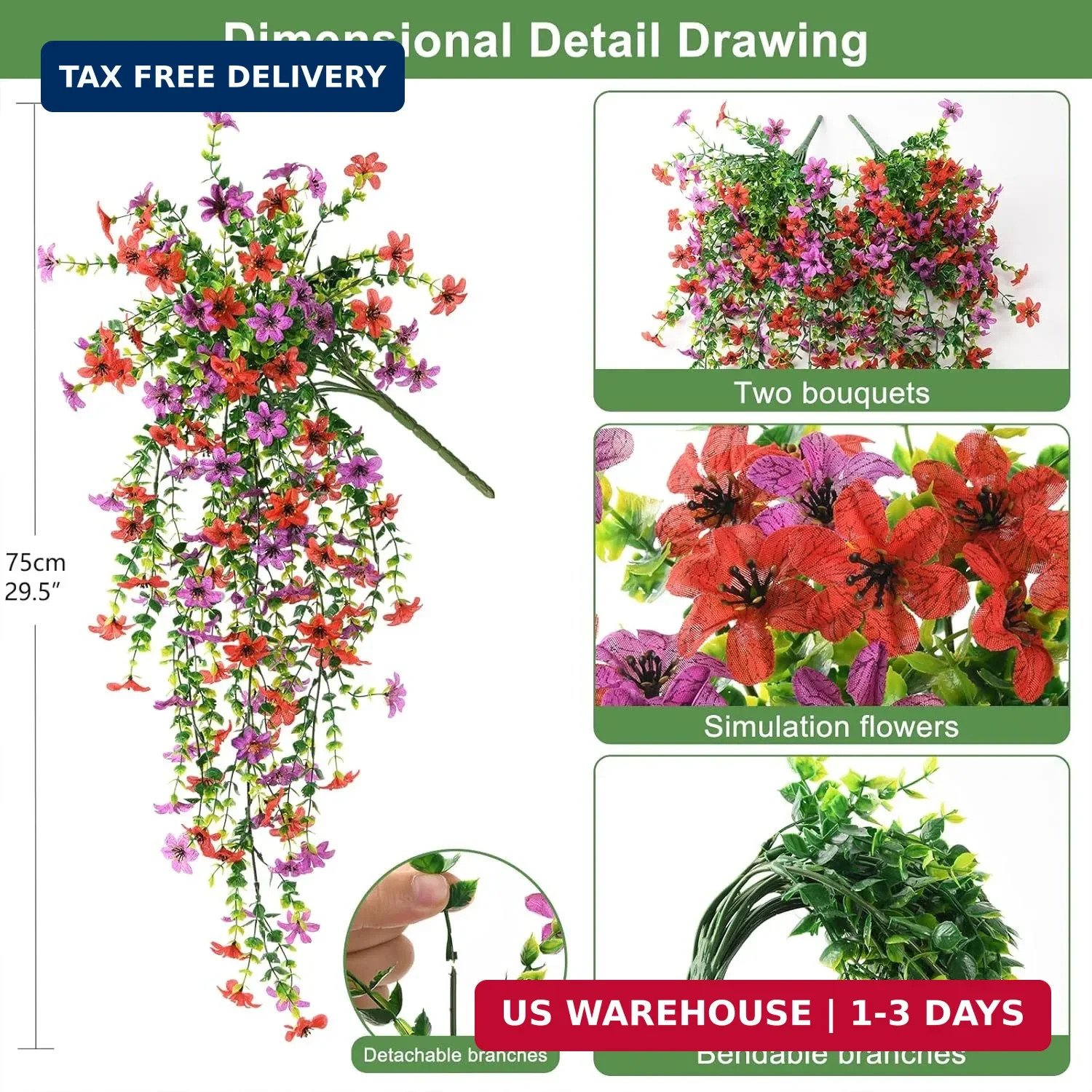 Artificial Hanging Flowers Plants for Outdoor Spring Summer Decoration,2 PCS Fau
