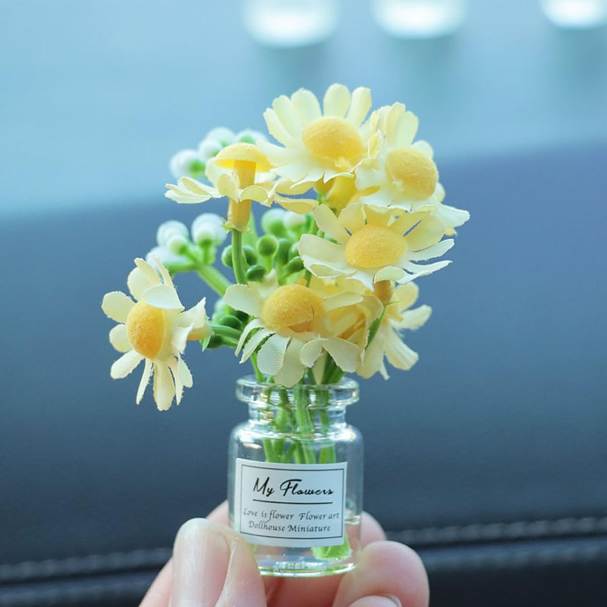 Set of 3 Mini Daisy Flowers in Glass Vase Cute Car Accessories for Rear View