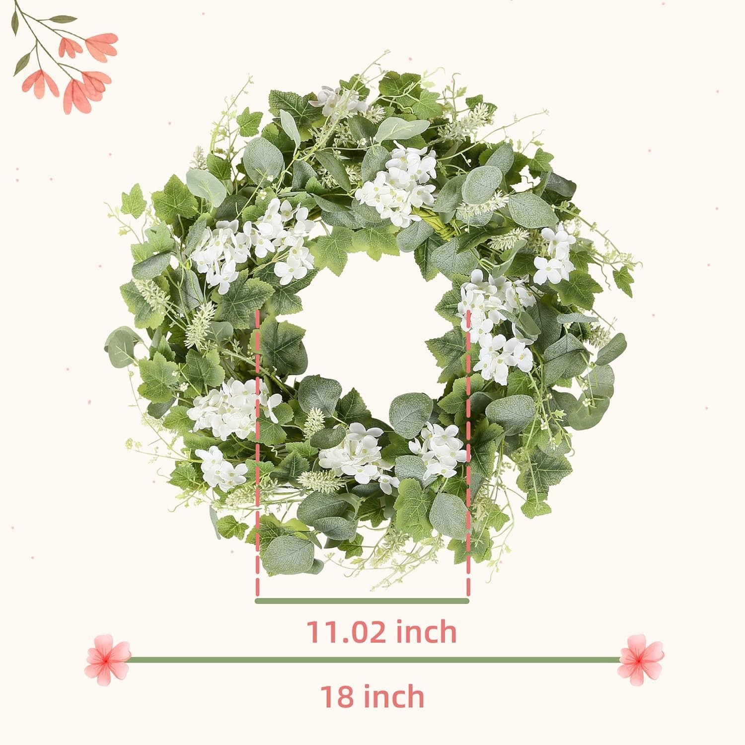 18-Inch Artificial Spring Summer Wreath with Eucalyptus and White Flowers