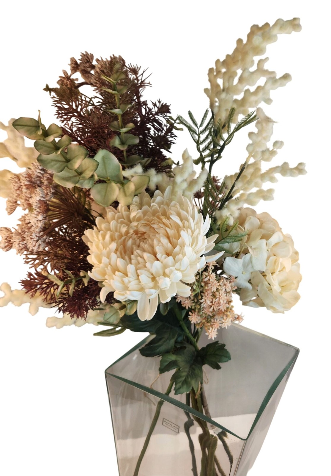 Artificial Floral Arrangement Beige Hydrangea & Cream Mum Bouquet Hand Tied