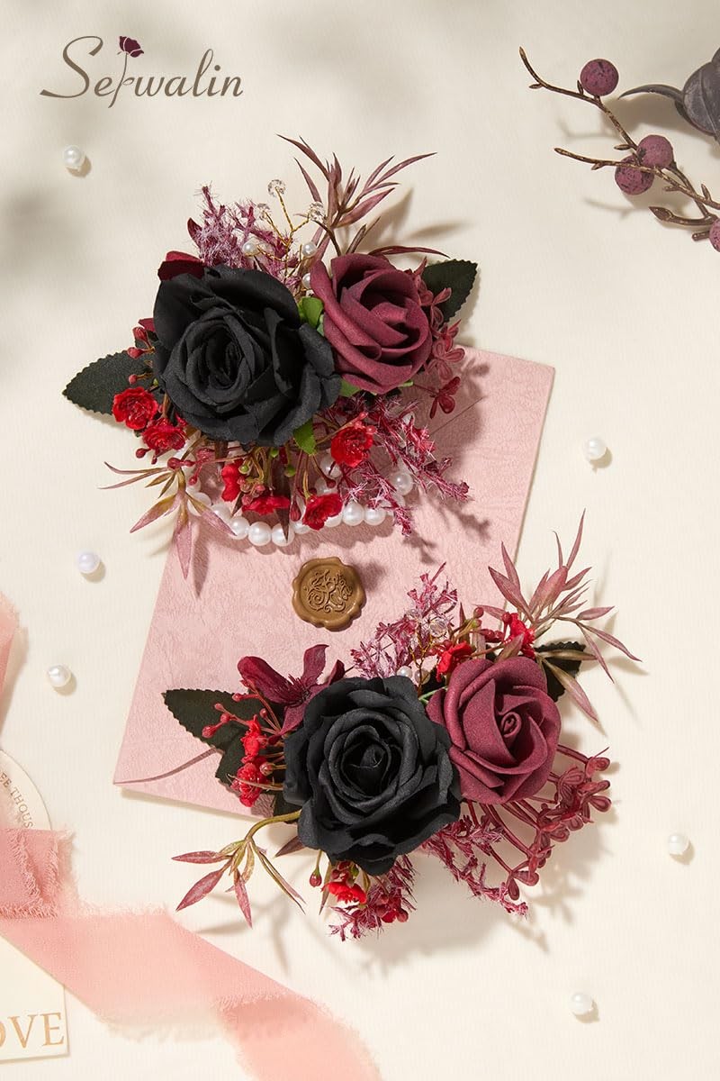 2 PCS Black Burgundy Wrist Corsage Boutonniere Set 67 Inch Wedding Prom Suit