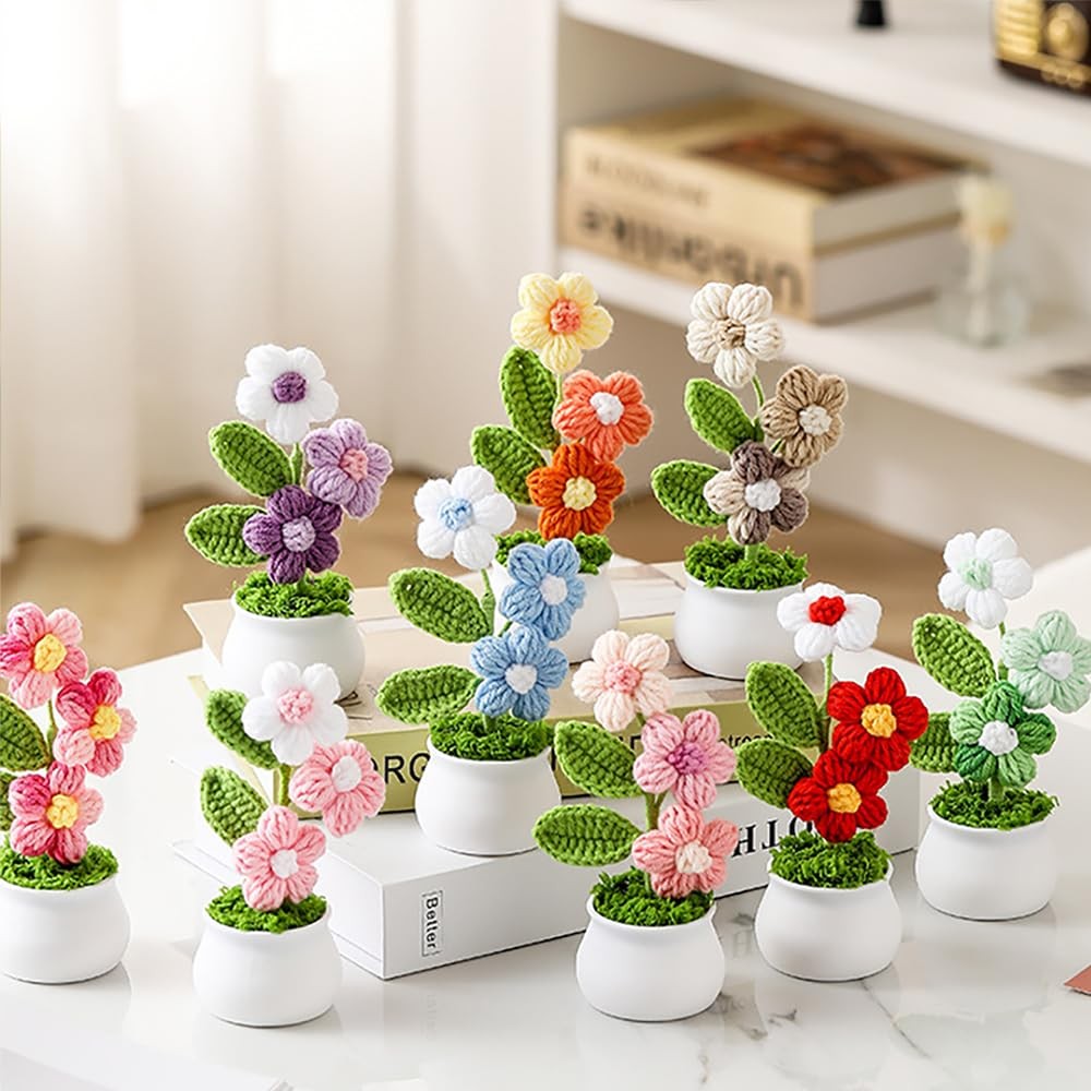 Knitting Crochet Puff Flowers Potted Plants, Gradient Colorful Flowers