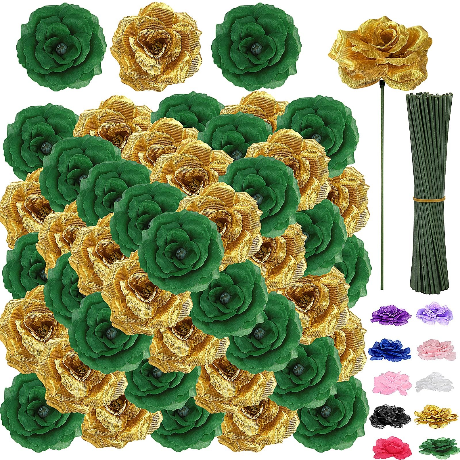 108pcs Roses Head Flowers with Stem – Emerald Green Gold Artificial Flowers R…