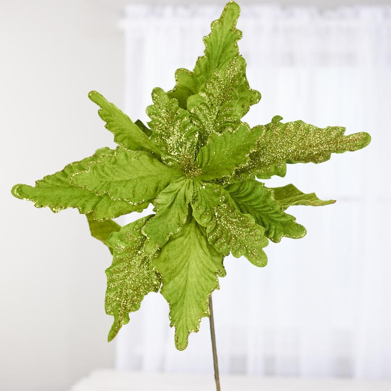 38″ Tall Light Green Glittered Velvet Poinsettia Spray Stem
