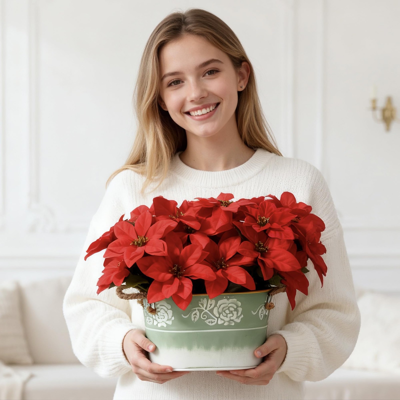 Artificial Red Poinsettia Floral Arrangement Green Metal Planter Jute Rope Use