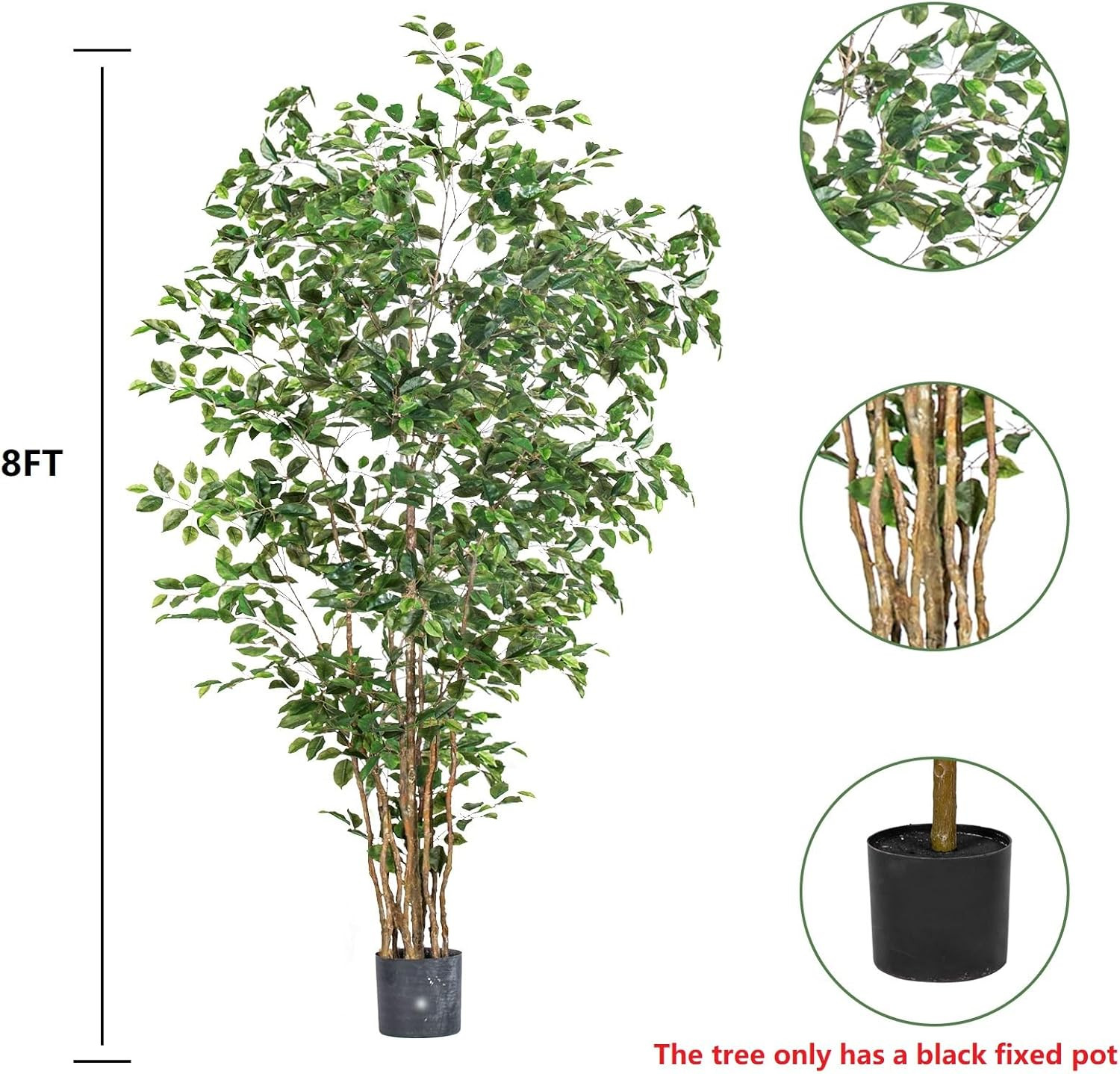 Artificial Ficus Tree Indoor 8Ft, Large Potted Faux Tree with Realistic Silk Lea