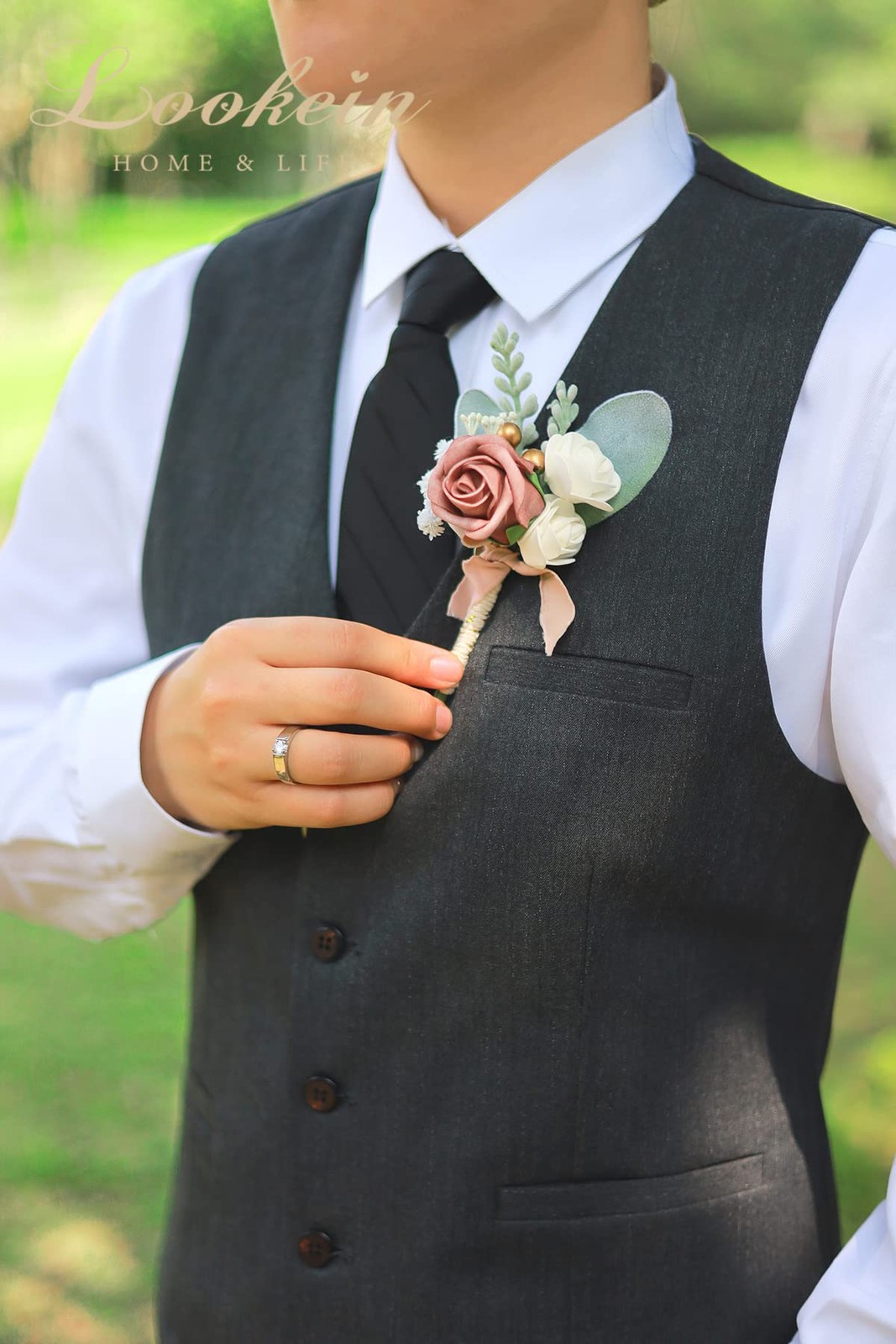 Set of 2 Wedding Boutonniere for Men Artificial Flowers Wedding Groom Groomsm…
