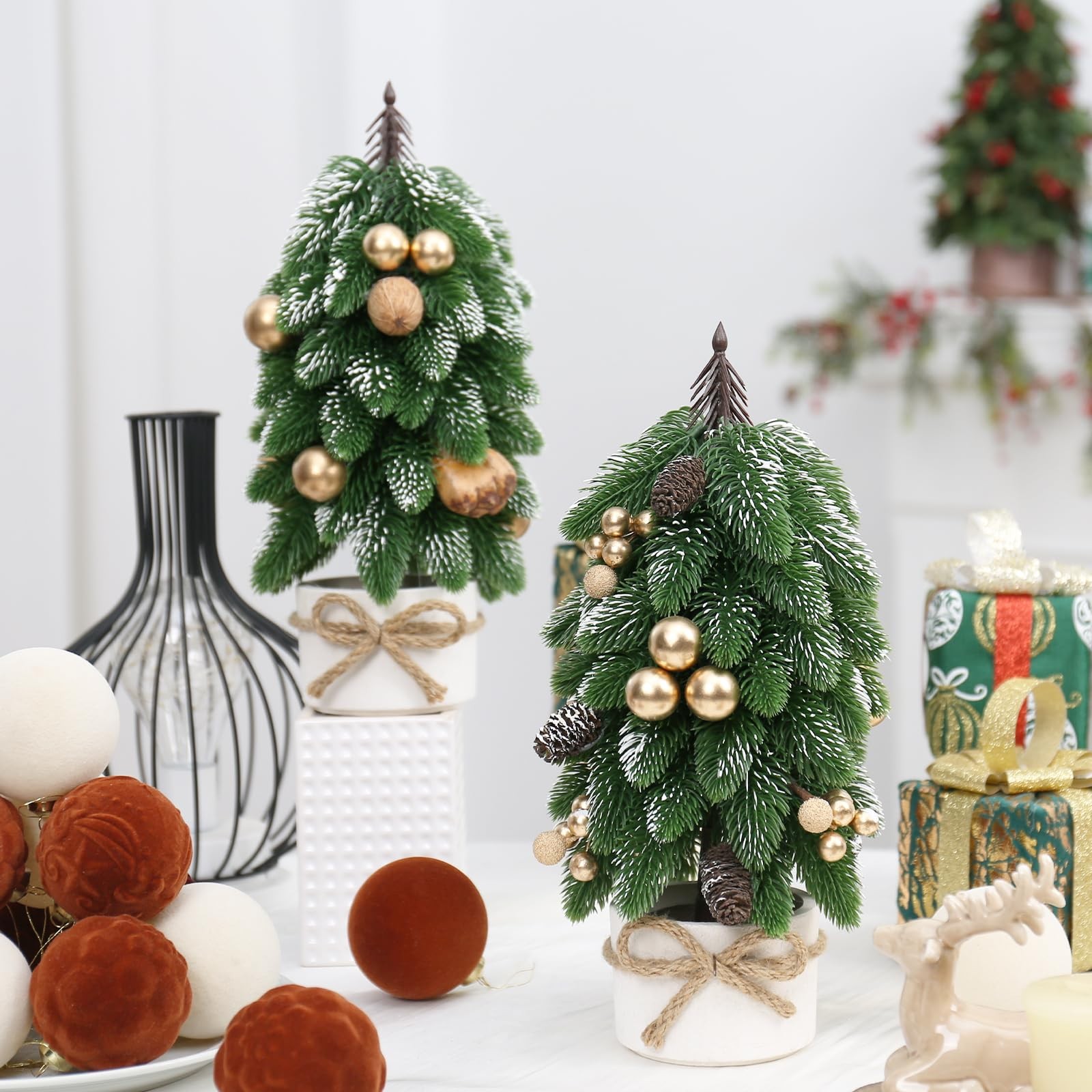2 PCS Artificial Gold Berry Pinecone Small Mini Tabletop Christmas Tree Holiday