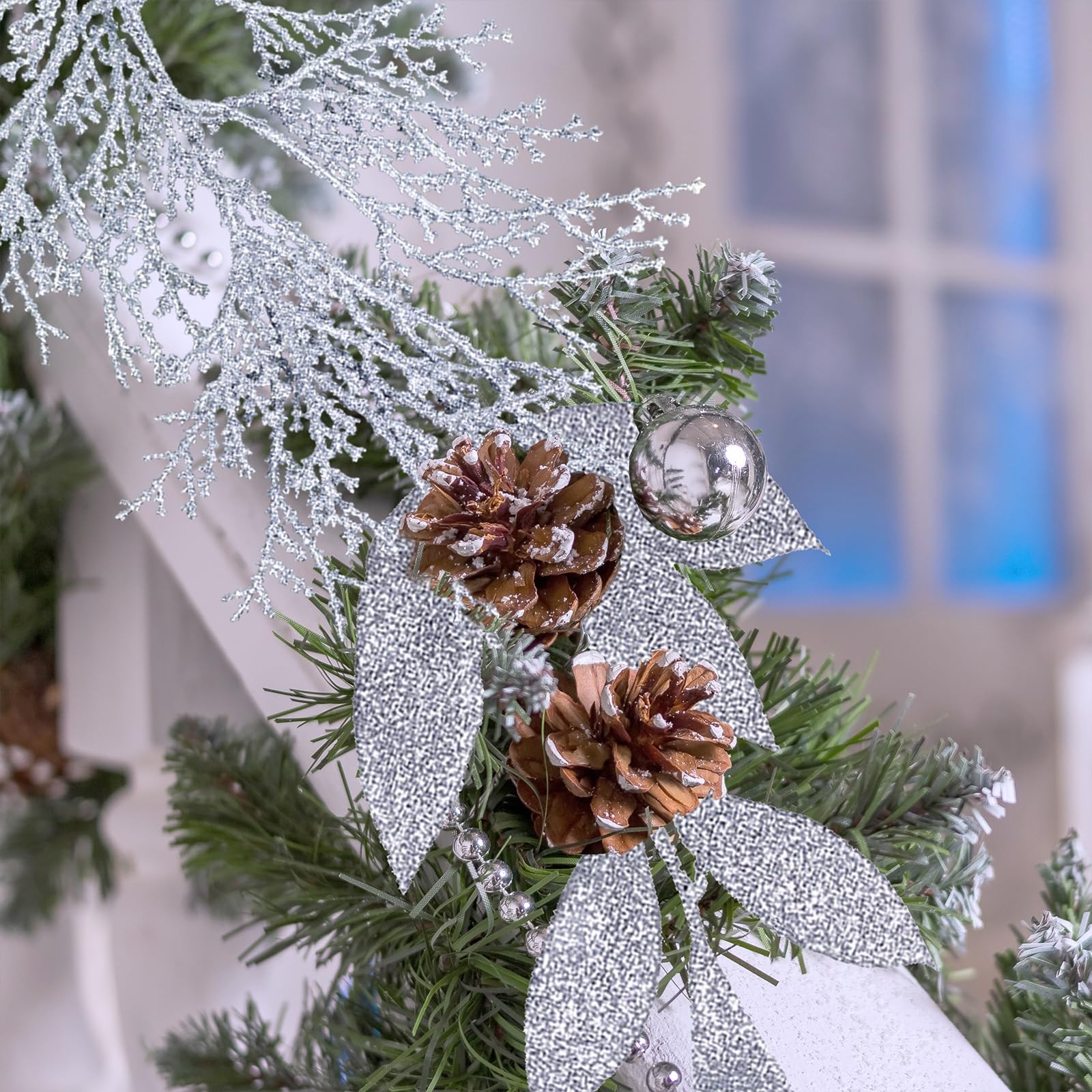 30 Pcs Christmas Artificial Leaf Sprays Cedar Picks Silver Glittered Christma…